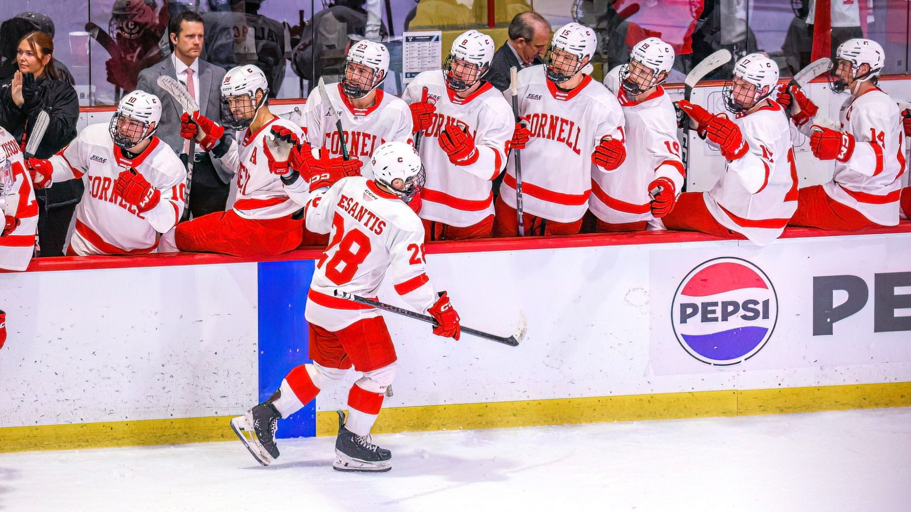 Cornell men's hockey senior forward Nick DeSantis high-fives teammates on the bench after scoring against Yale at Lynah Rink in Ithaca, N.Y., on Nov. 15, 2025.