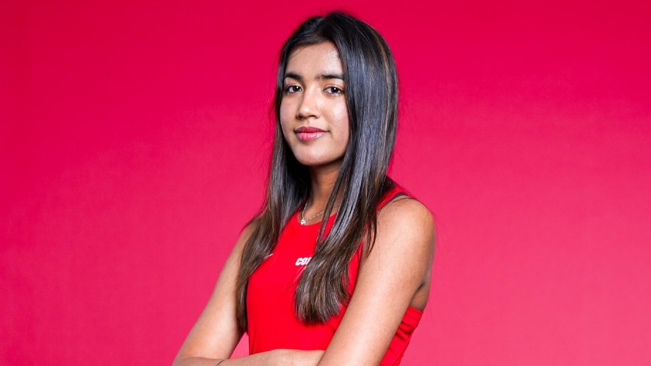 Cornell women's squash player Saniya Jaggi poses for a media day photo before the 2025-26 season.