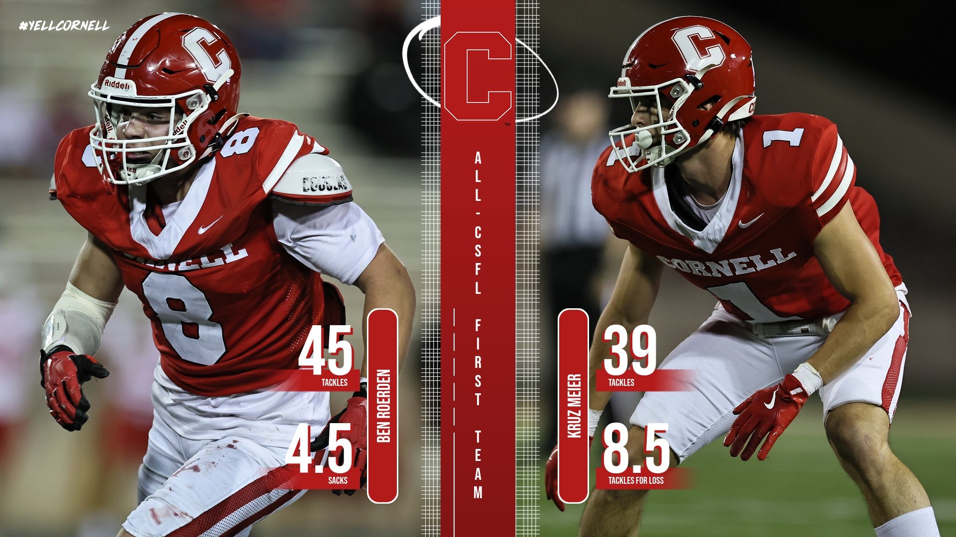 Two members of the Cornell sprint football players earned CSFL all-league honors on Nov. 25, 2025.