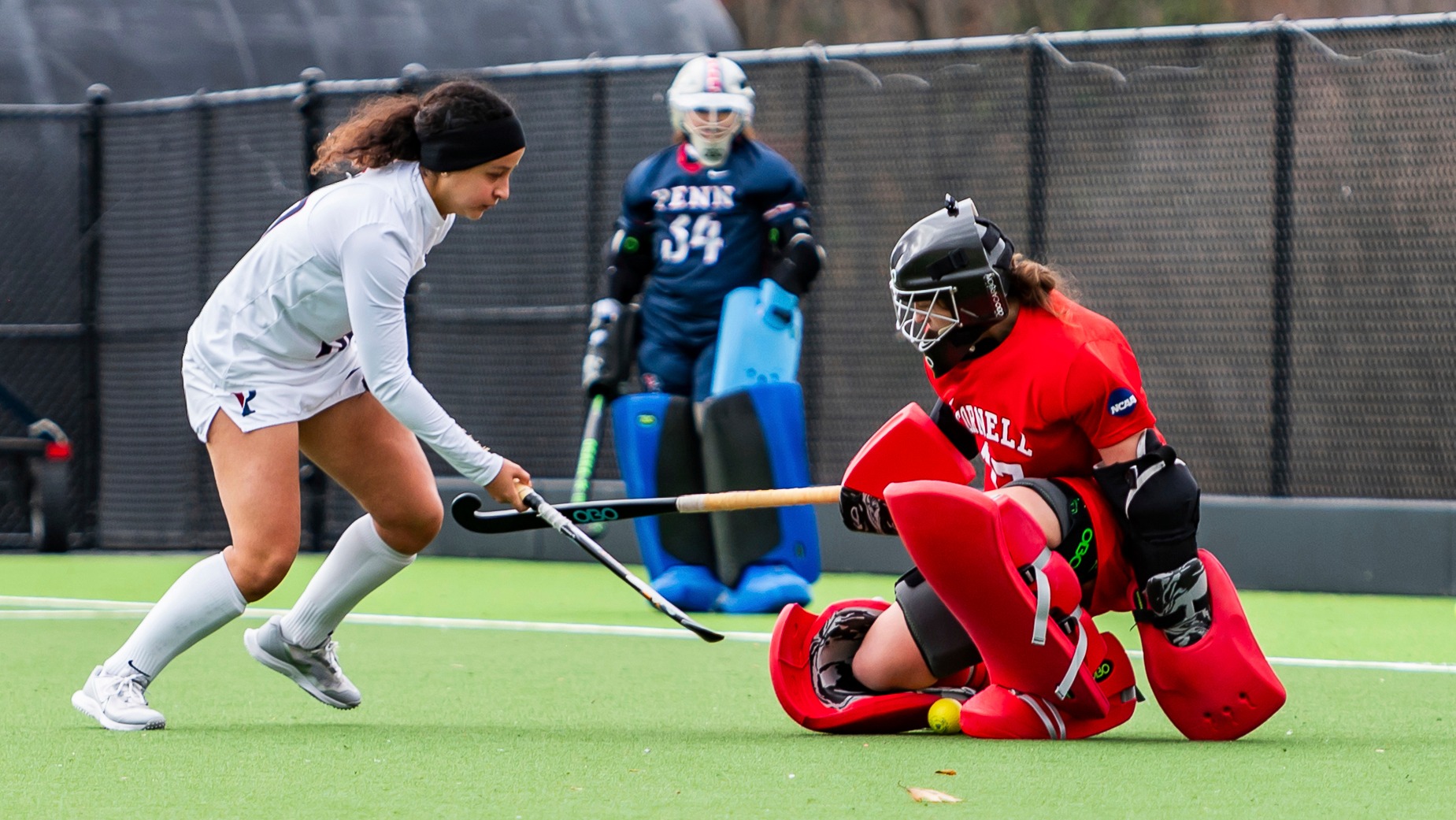 Jane McNally makes a save during a shootout during the Cornell field hockey team's 3-2 double overtime victory over Penn on Nov. 1, 2025 at Marsha Dodson Field in Ithaca, N.Y.