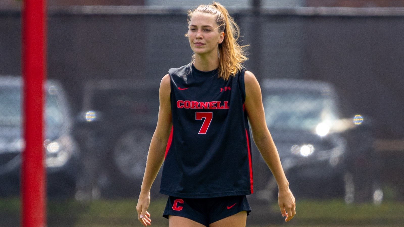 An action photo of Cornell women's soccer senior defender Izzy Scott during the 2025 season.