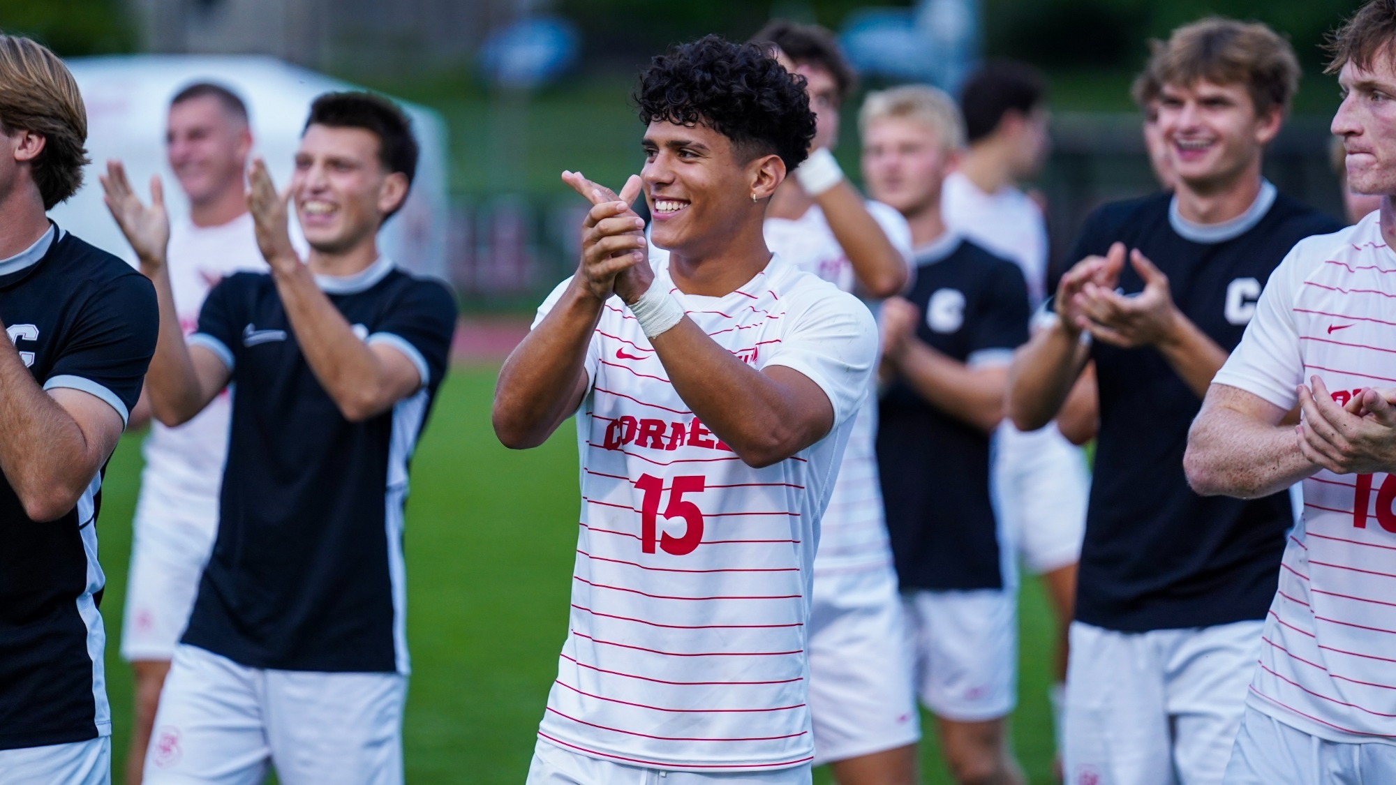 Sergio Zapata celebrates after a victory against Brown on senior night at Berman Field.