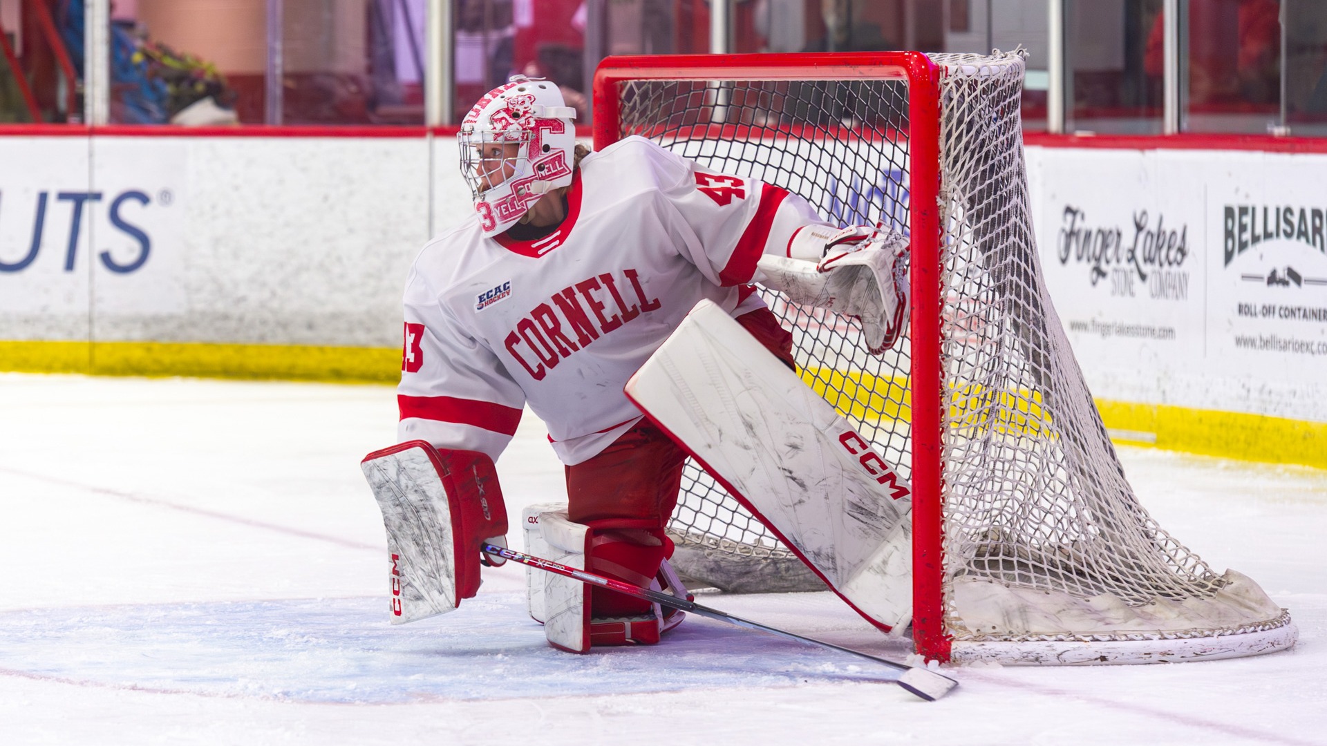 Bergmann protects the net againts Yale at Lynah Rink.
