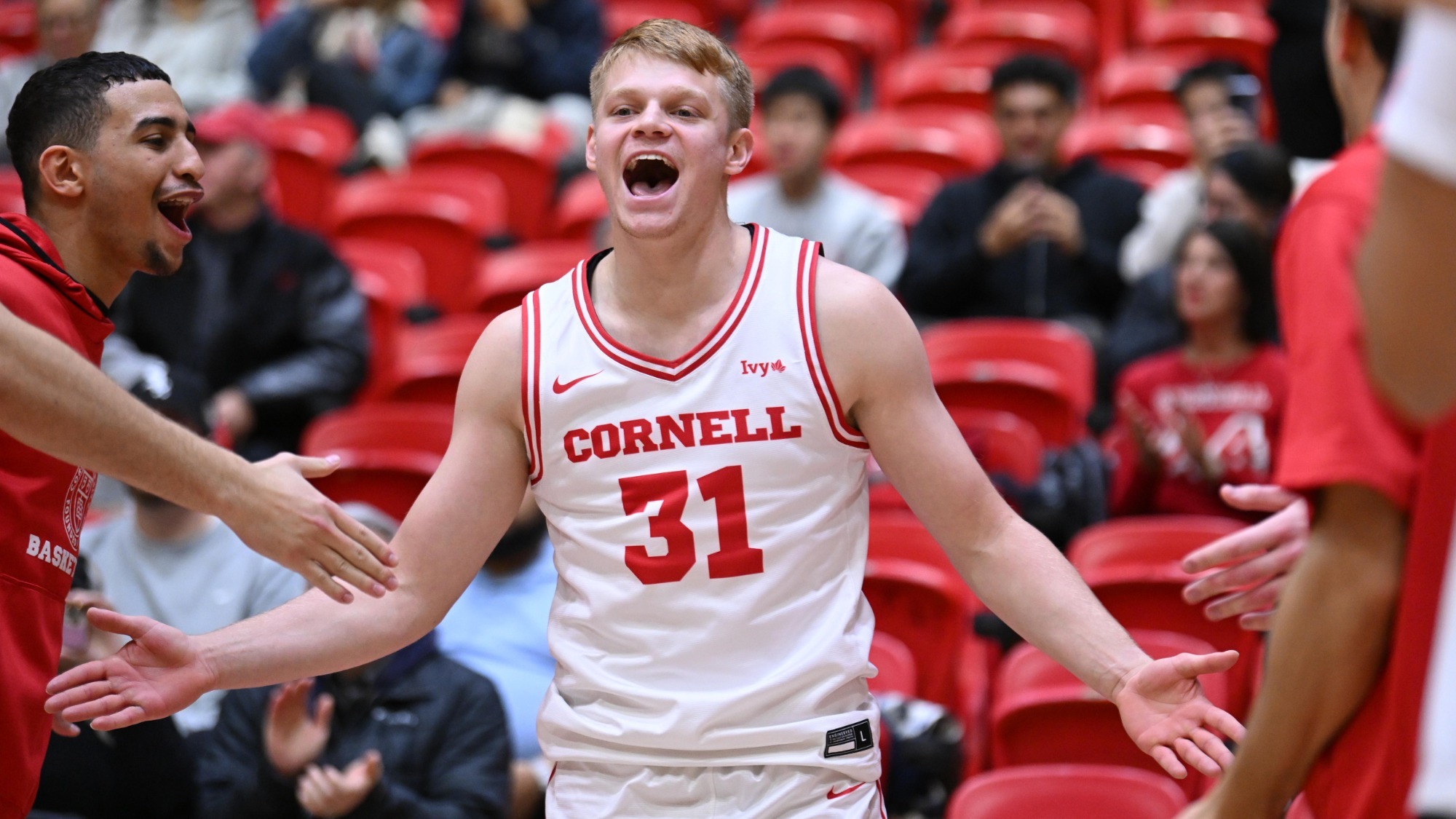 Cooper Noard takes the court during a men's basketball game at Newman Arena in Ithaca, N.Y.