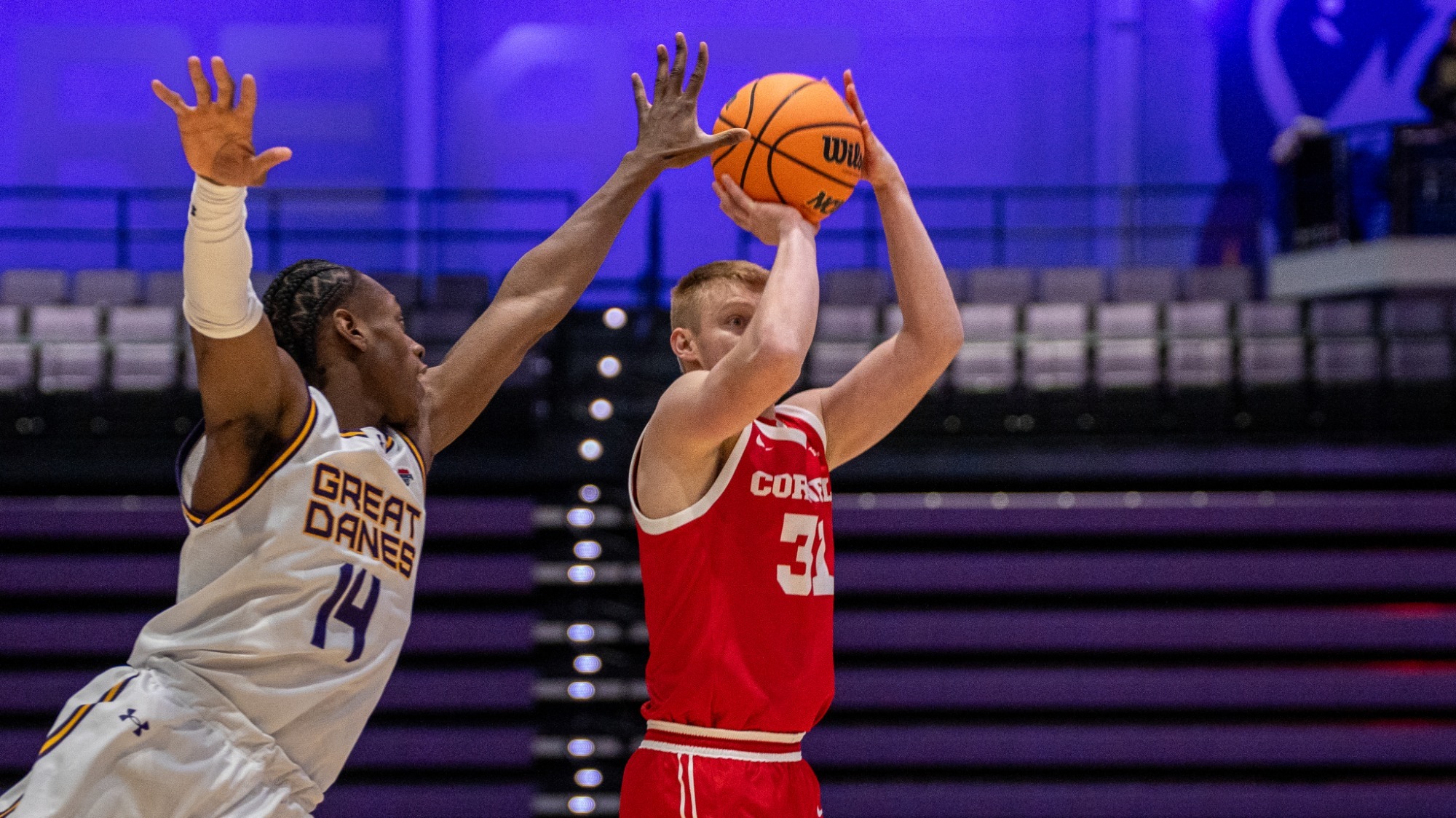 Cooper Noard rises up to shoot a 3-pointer during the Cornell men's basketball team's win at UAlbany on Dec. 21, 2025 in Albany, N.Y.