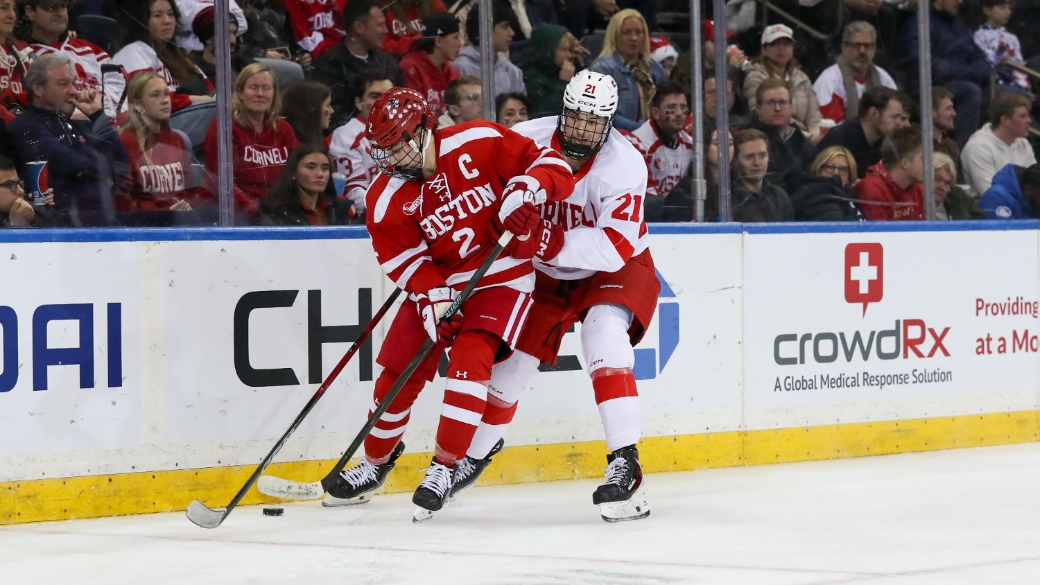 Cornell men's hockey freshman forward Reegan Hiscock battles with Boston University's Gavin McCarthy for the puck during game action in Red Hot Hockey at Madison Square Garden in New York City on Nov. 29, 2025.