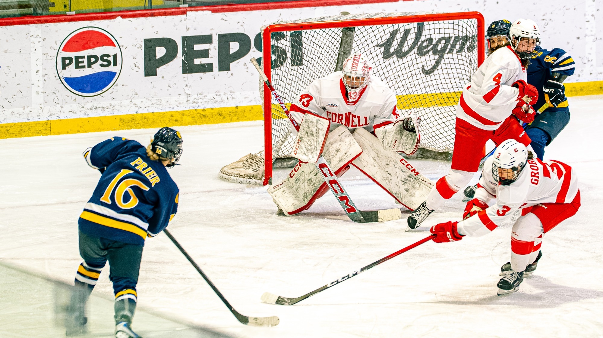 Bergmann prepares to make a save against Quinnipiac at Lynah Rink.