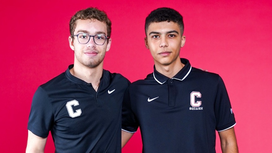 Cornell men's squash players Youssef Sarhan and Aly Ezzat pose for a media day photo before the 2025-26 season.