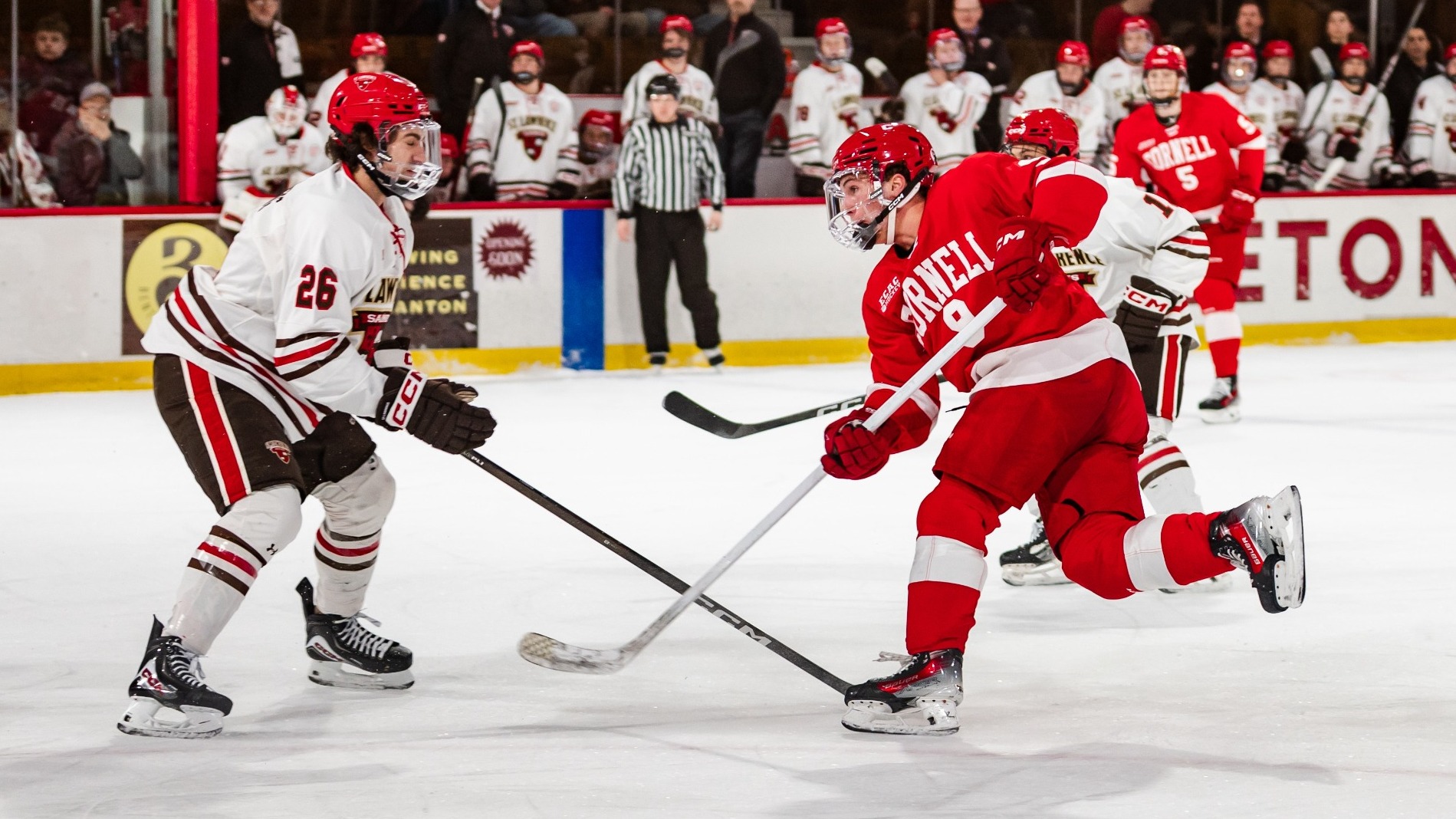 Cornell men's hockey sophomore forward Charlie Major attempts a shot during game action against St. Lawrence at Appleton Arena in Canton, N.Y., on Dec. 6, 2025.