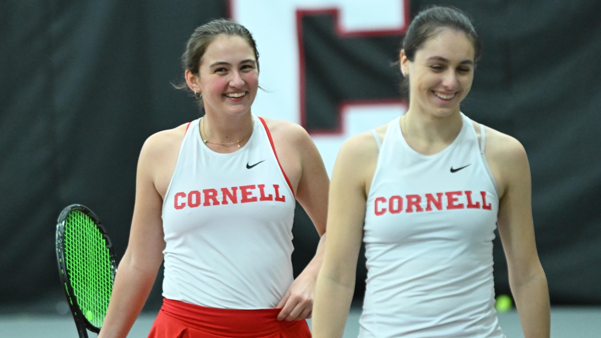 Sage Loudon and Michelle Ryndin on April 2, 2025 at Reis Tennis Center in Ithaca, NY. Cornell Women’s Tennis against Le Moyne College. (Caroline Sherman/Cornell Athletics)