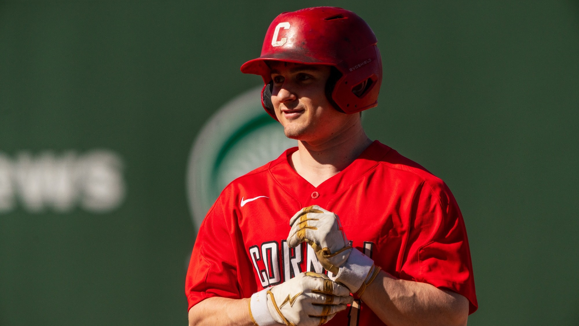 Cornell baseball senior outfielder stands on base during game action against UAB at Fluor Field in Greenville, S.C., on March 8, 2025.