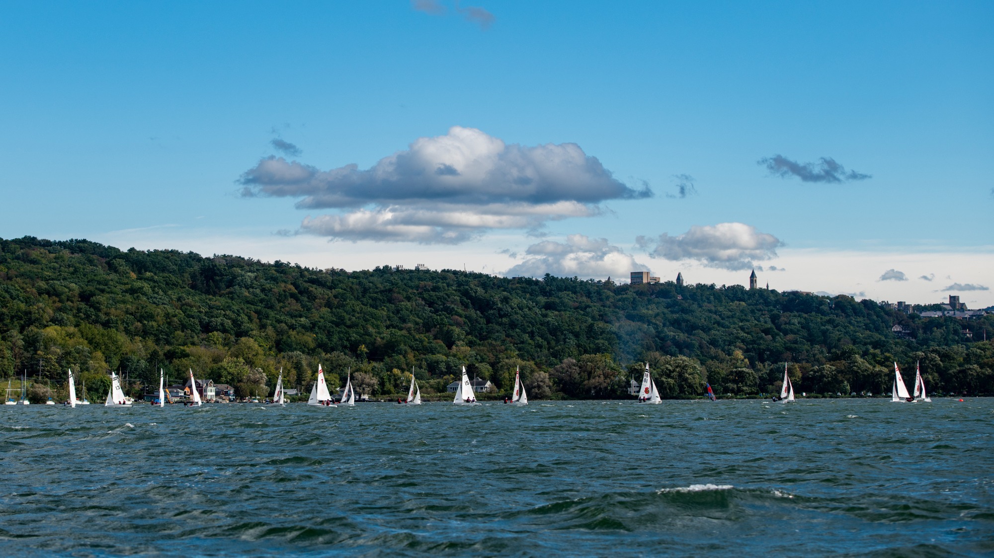 The Cornell Big Red women’s sailing team practices on Tuesday, Sept. 28, 2021 on Cayuga Lake near the Merrill Family Sailing Center in Ithaca, NY.
