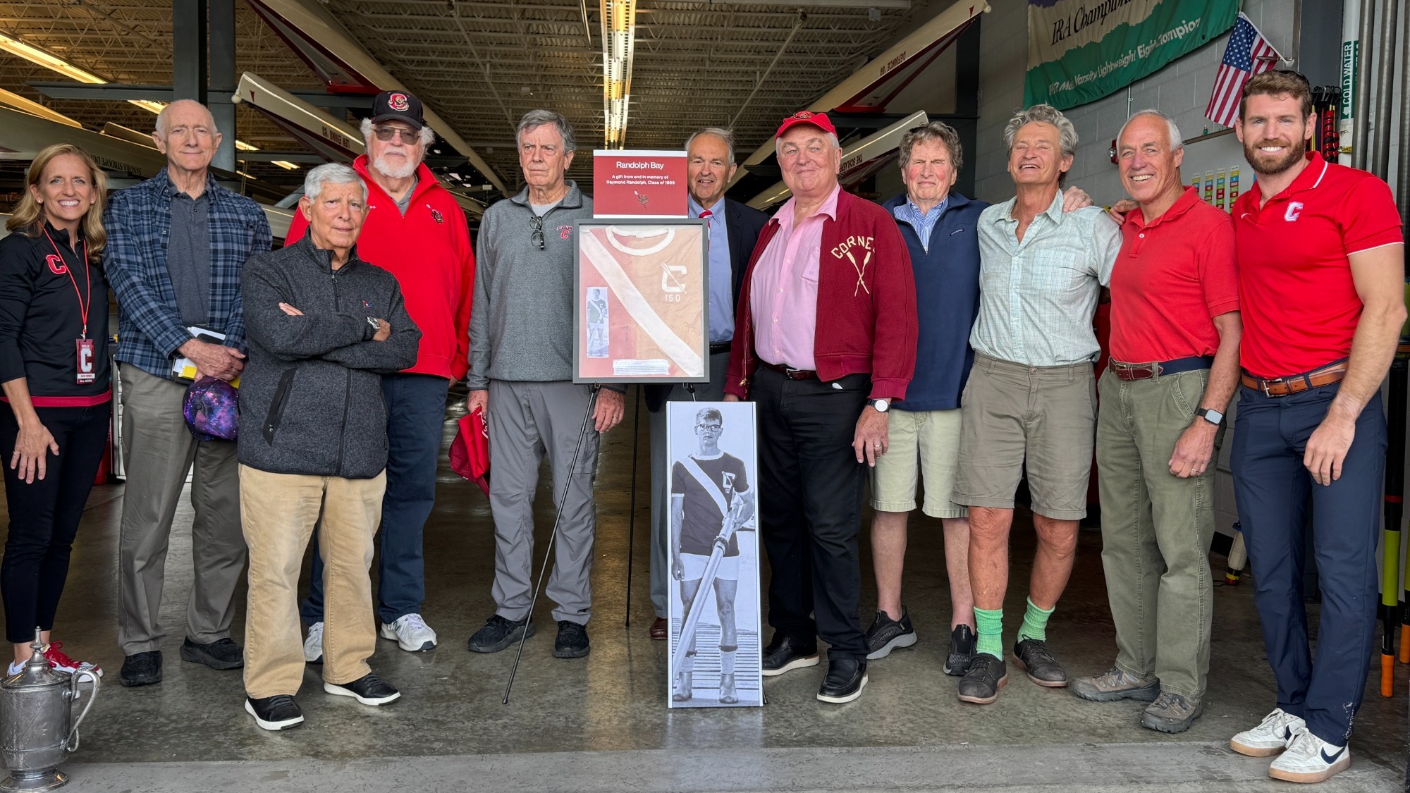 The Cornell men's lightweight rowing bay is dedicated for Raymond Randolph '69 at the Schwartz Cup on the Cayuga Inlet in Ithaca, N.Y., on Sept. 27, 2025.