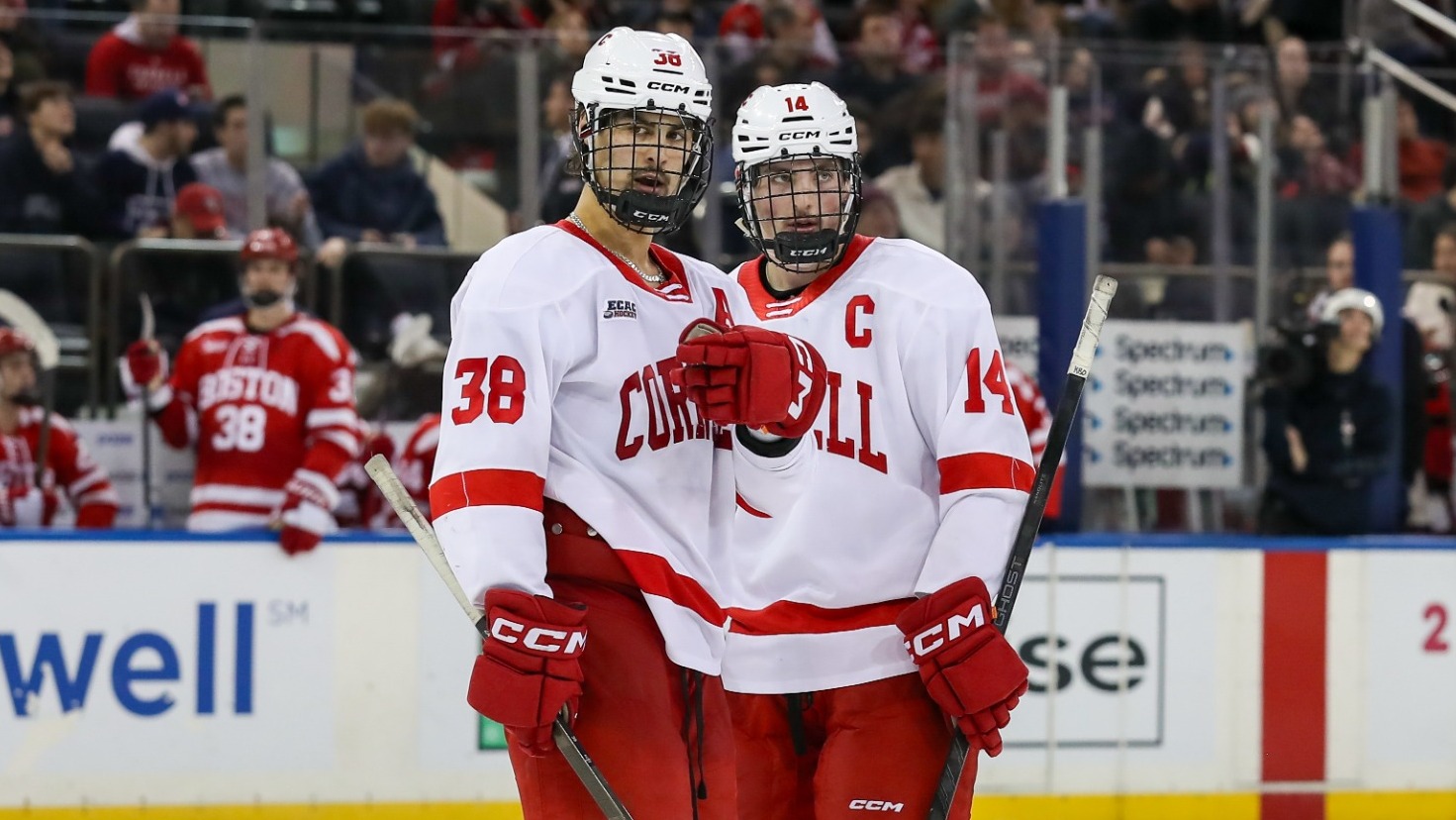Cornell men's hockey junior forwards Jonathan Castagna and Ryan Walsh talk during in a break in game action at Red Hot Hockey against Boston University on Nov. 30, 2025, at Madison Square Garden in New York City. 