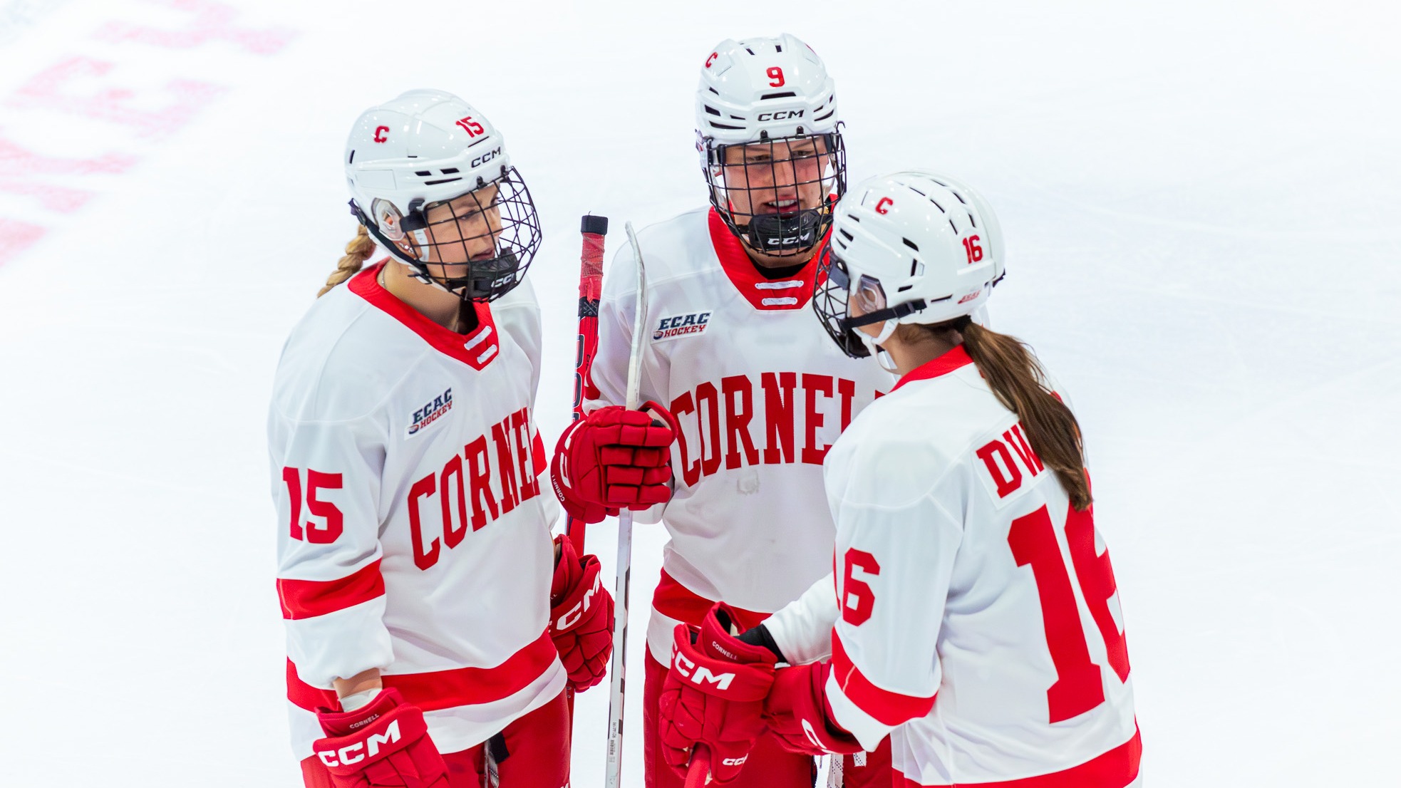 Adam, Avar, Dwyer huddle up at Lynah Rink.