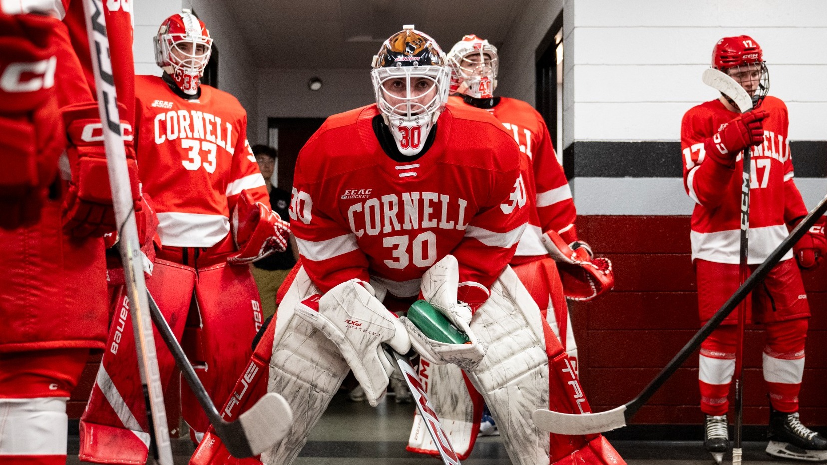 Cornell men's hockey freshman goaltender waits to take the ice before the Big Red's game against UMass at the Mullins Center in Amherst, Mass., on Oct. 31, 2025. 