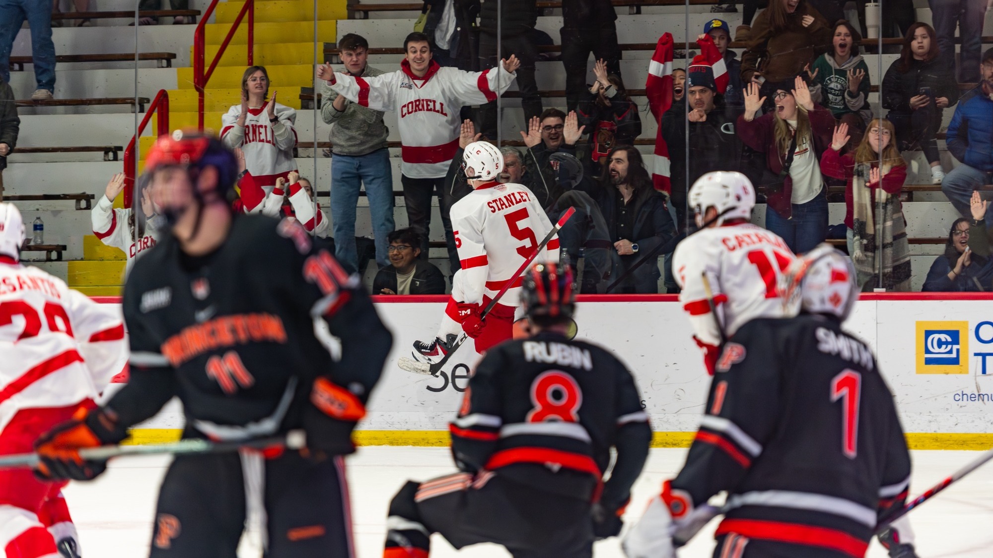 Cornell men's hockey junior defenseman Hoyt Stanley celebrates after scoring his go-ahead goal against #18 Princeton at Lynah Rink in Ithaca, N.Y., on Jan. 16, 2025.
