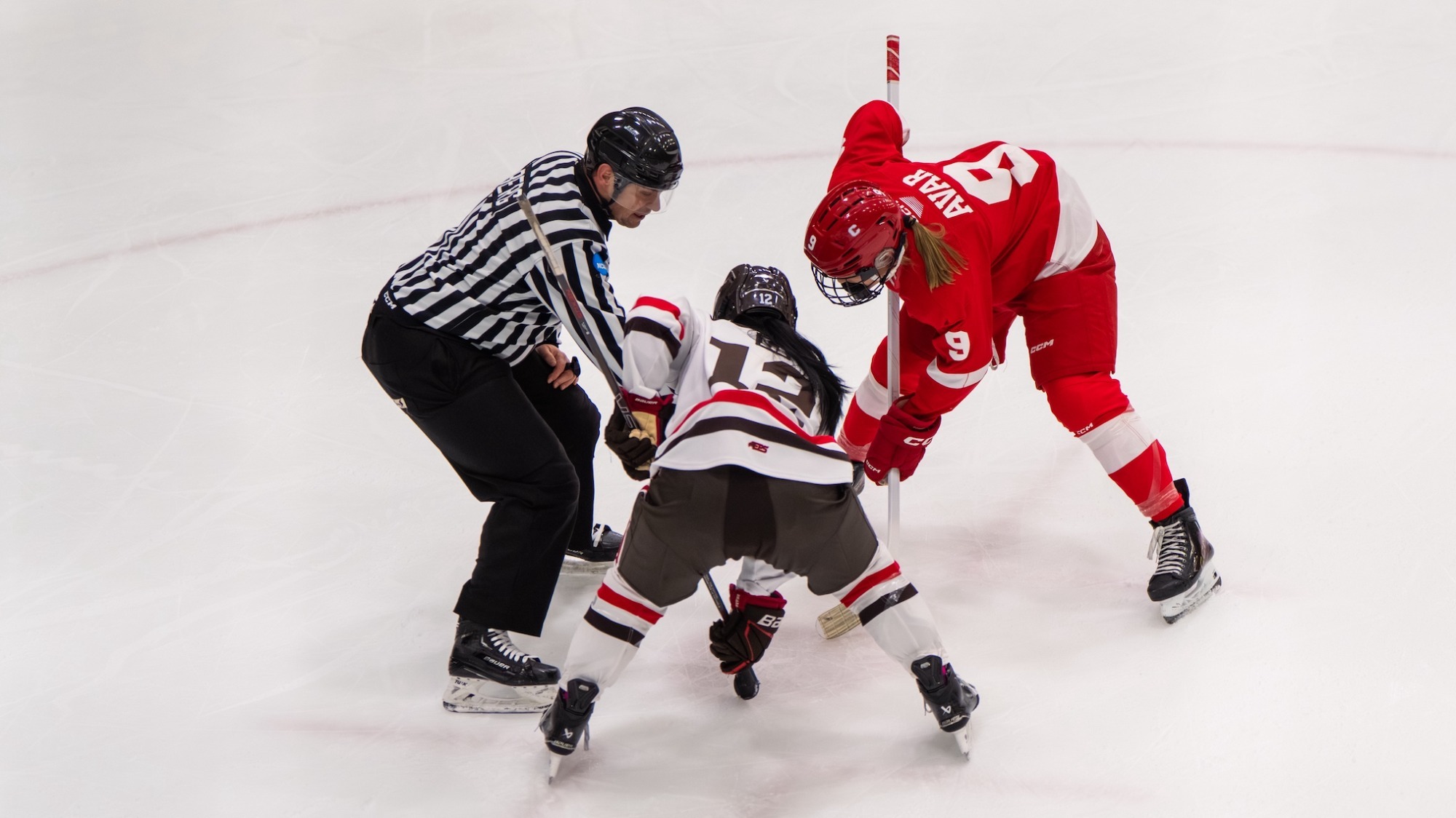 Avar faces off with a Brown forward and Meehan Auditorium.