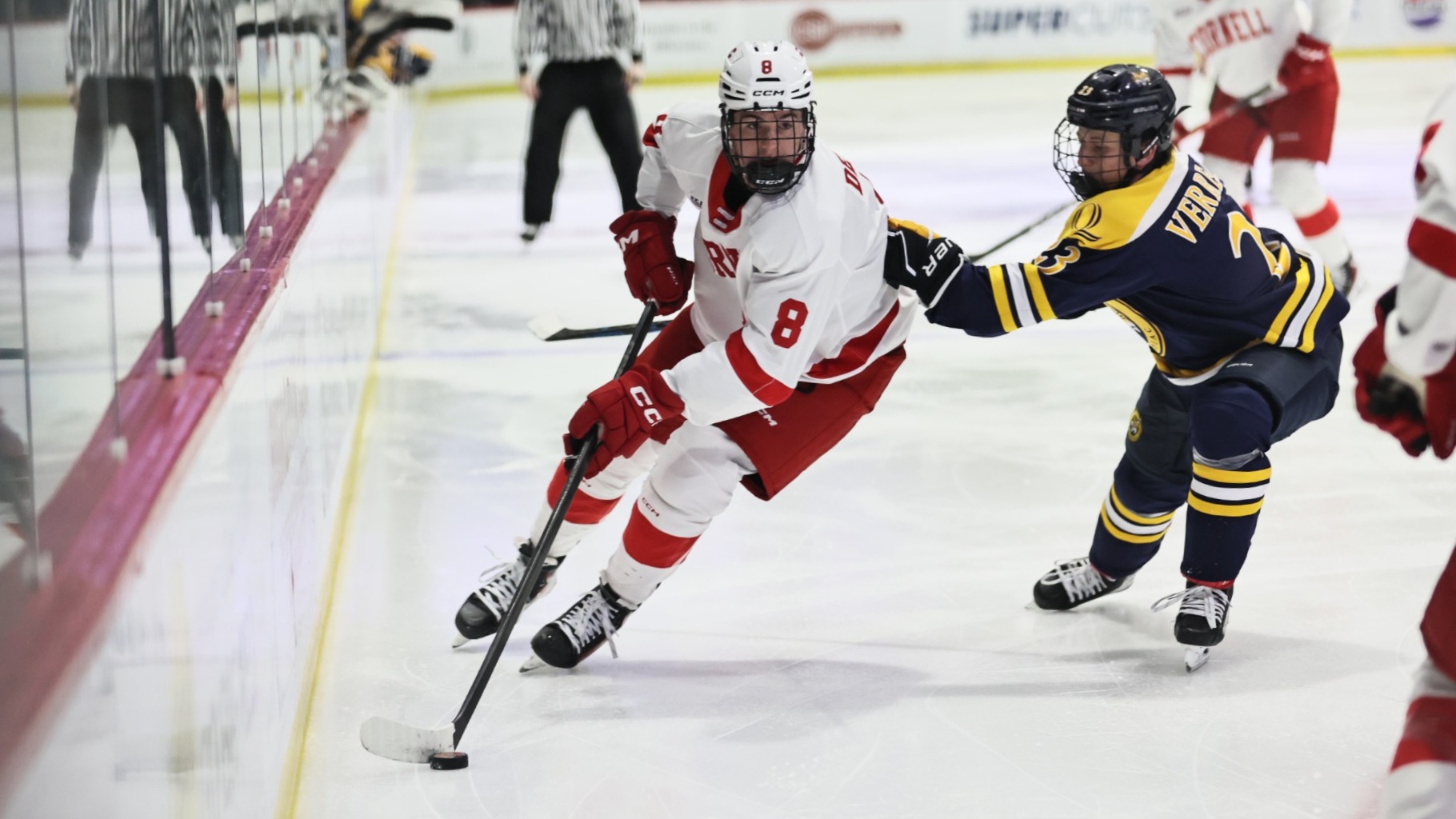 Cornell men's hockey junior forward Luke Devlin carries the puck in the offensive zone during game action against Quinnipiac on Jan. 17, 2026, at Lynah Rink in Ithaca, N.Y.