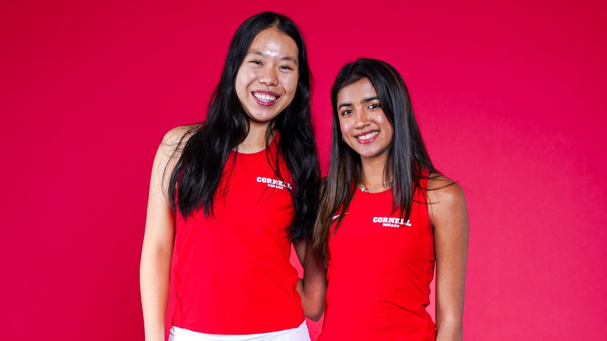 Cornell women's squash players Vicky Lai and Saniya Jaggi poses for media day photos before the 2025-26 season.
