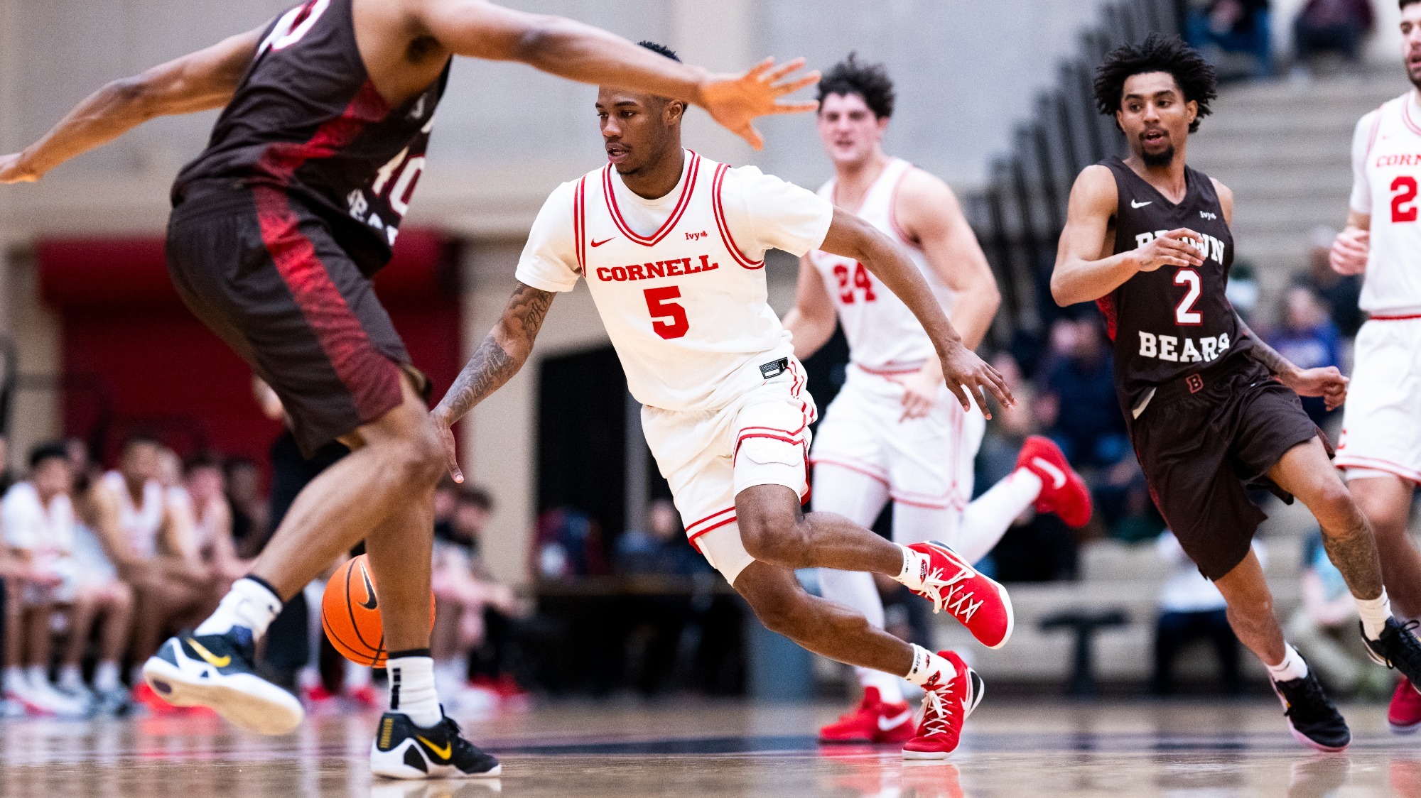 Jacob Beccles drives up the floor during the Cornell men's basketball team's contest at Brown on Jan. 19,. 2026 in Providence, R.I.