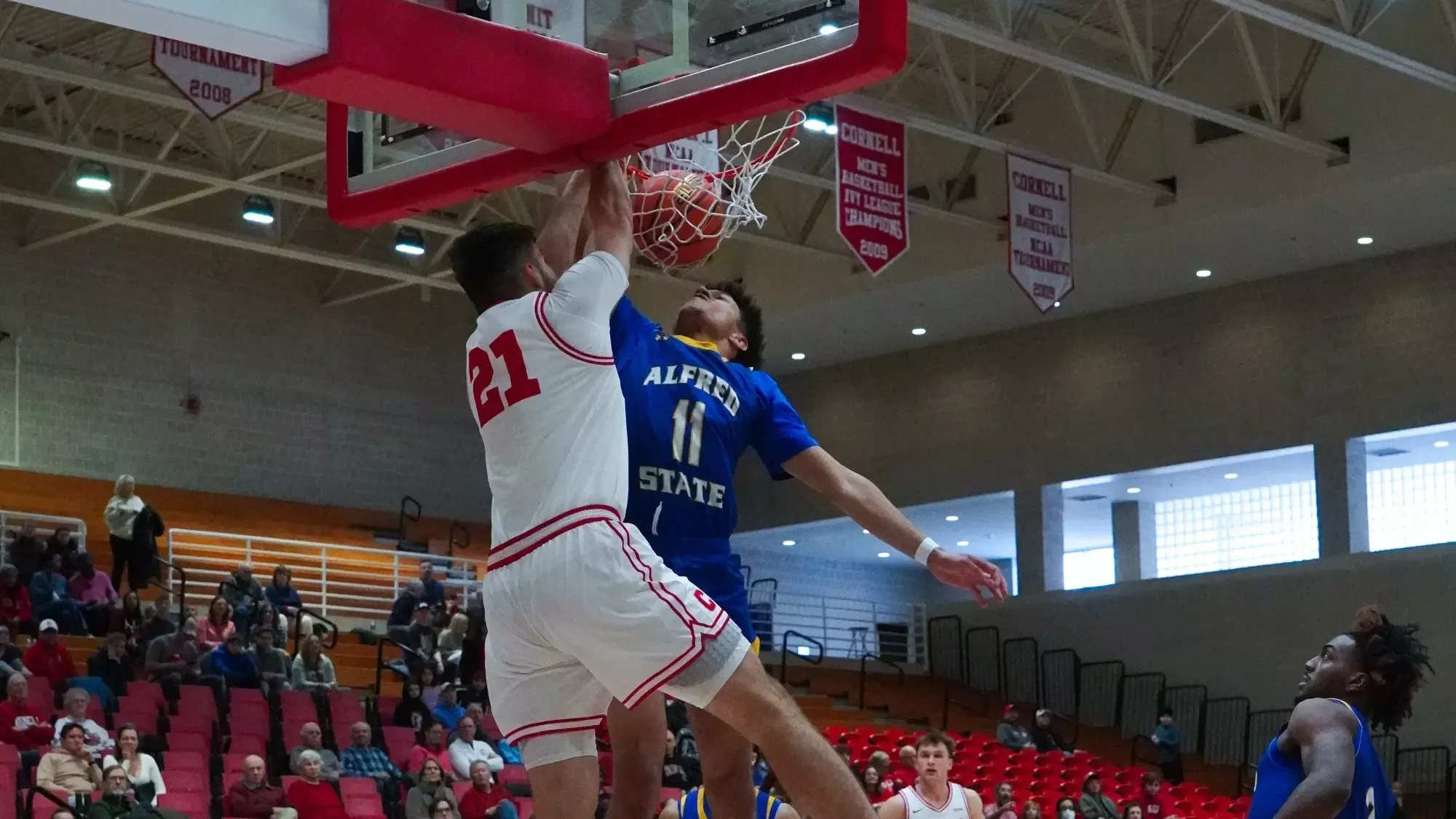 Junior Kaspar Sepp dunks the ball over an Alfred State player during the Big Red men's basketball team's 133-65 victory over Alfred State on Jan. 2, 2026 at Newman Arena in Ithaca, N.Y.