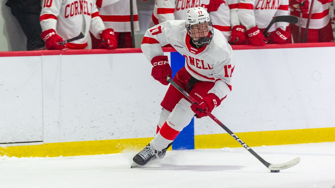 Cornell men's hockey freshmen forward Aiden Long carries the puck during game action against the Czech University Selects on Oct. 17, 2025, at Lynah Rink in Ithaca, N.Y.