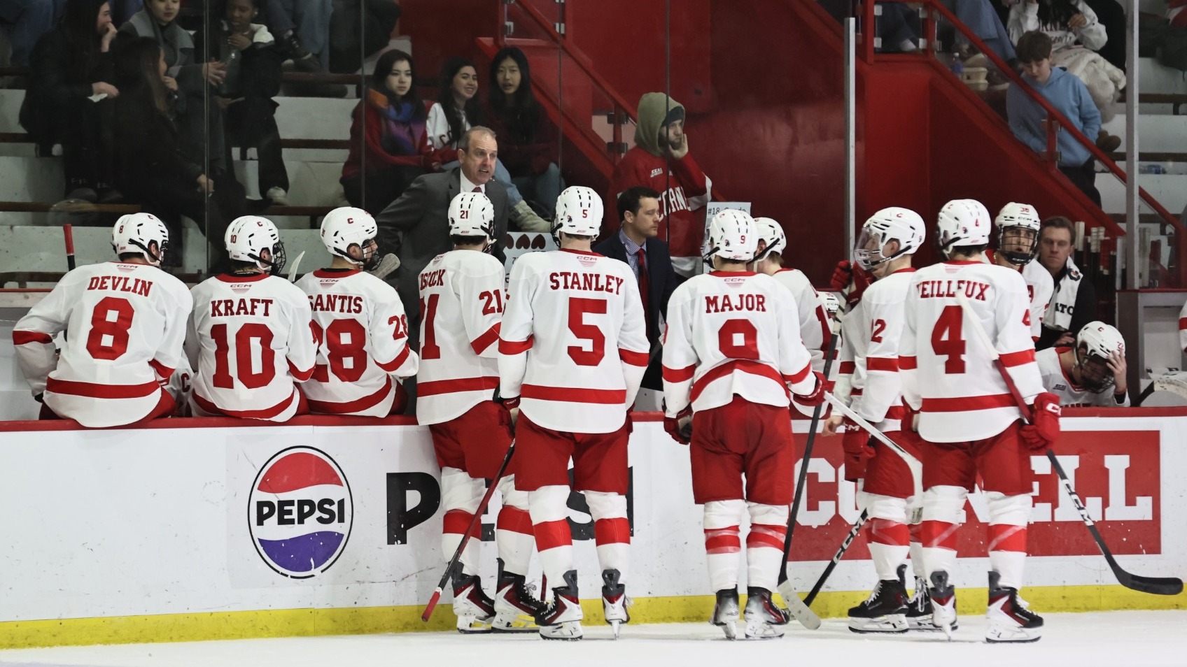 Cornell men's hockey head coach Casey Jones '90 speaks to the team during a media timeout against Quinnipiac at Lynah Rink in Ithaca, N.Y., on Jan. 17, 2026.