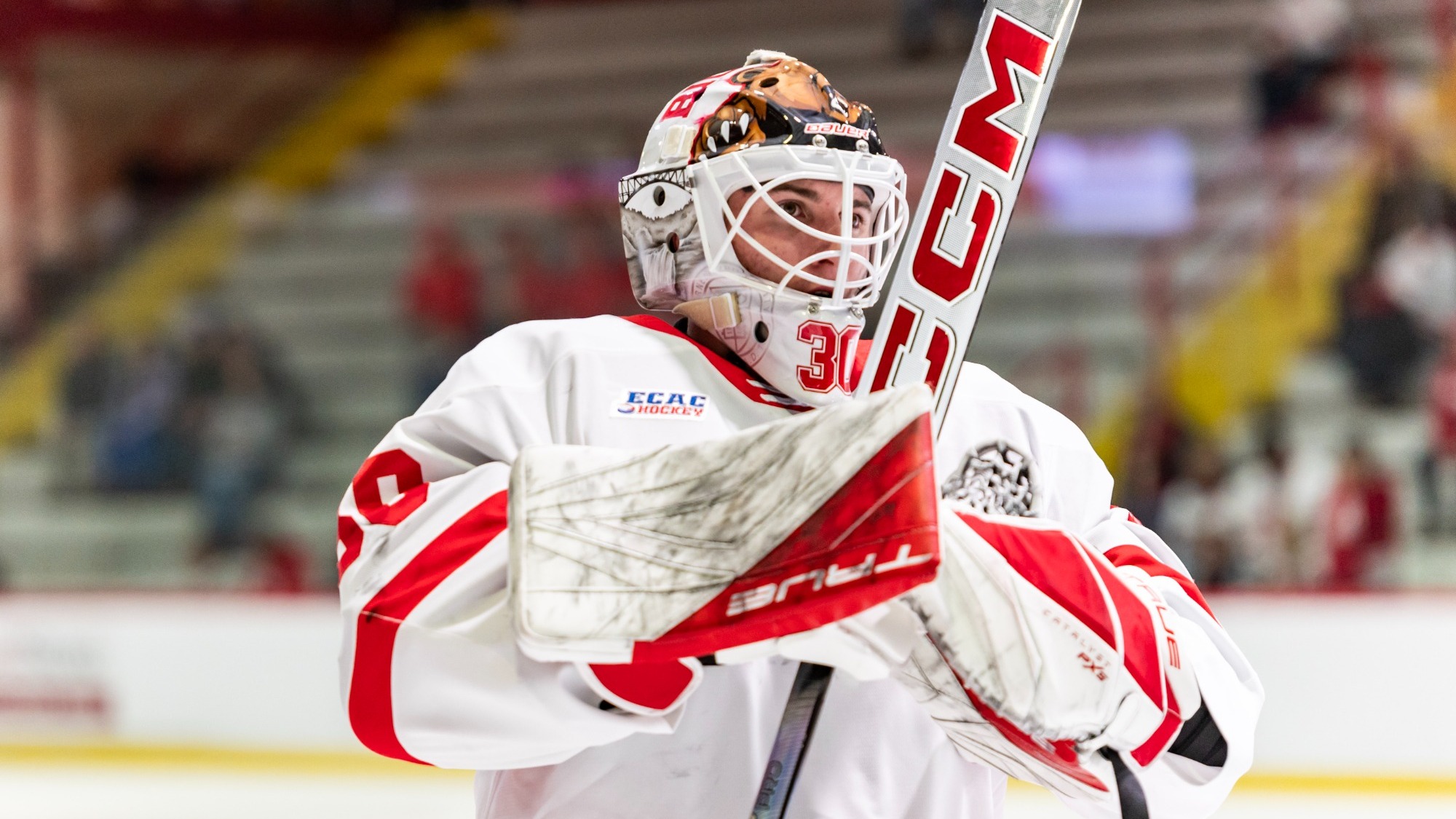 Cornell men's hockey freshman goaltender Alexis Cournoyer during game action against Yale on Nov. 15, 2025, at Lynah Rink in Ithaca, N.Y.