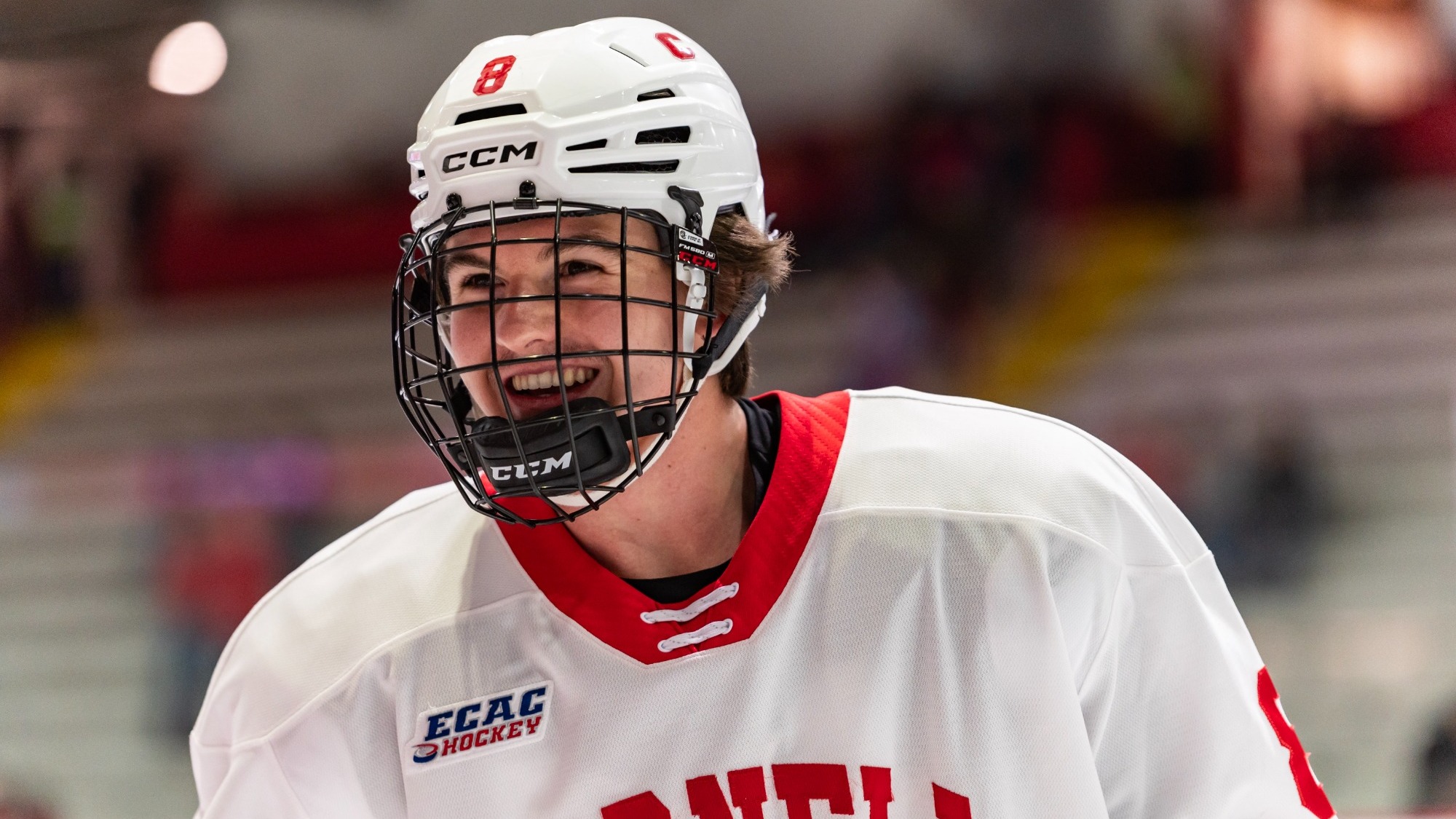 Cornell men's hockey junior forward Luke Devlin skates on the ice during pregame warmups against Yale on Nov. 15, 2025, at Lynah Rink in Ithaca, N.Y.