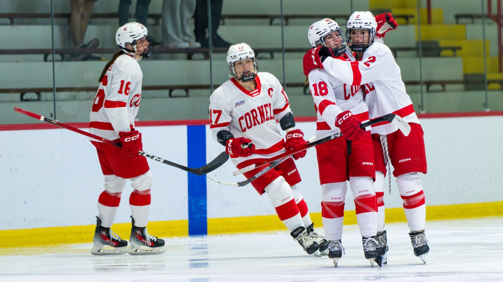 Women's ice hockey players celebrate at Lynah Rink.