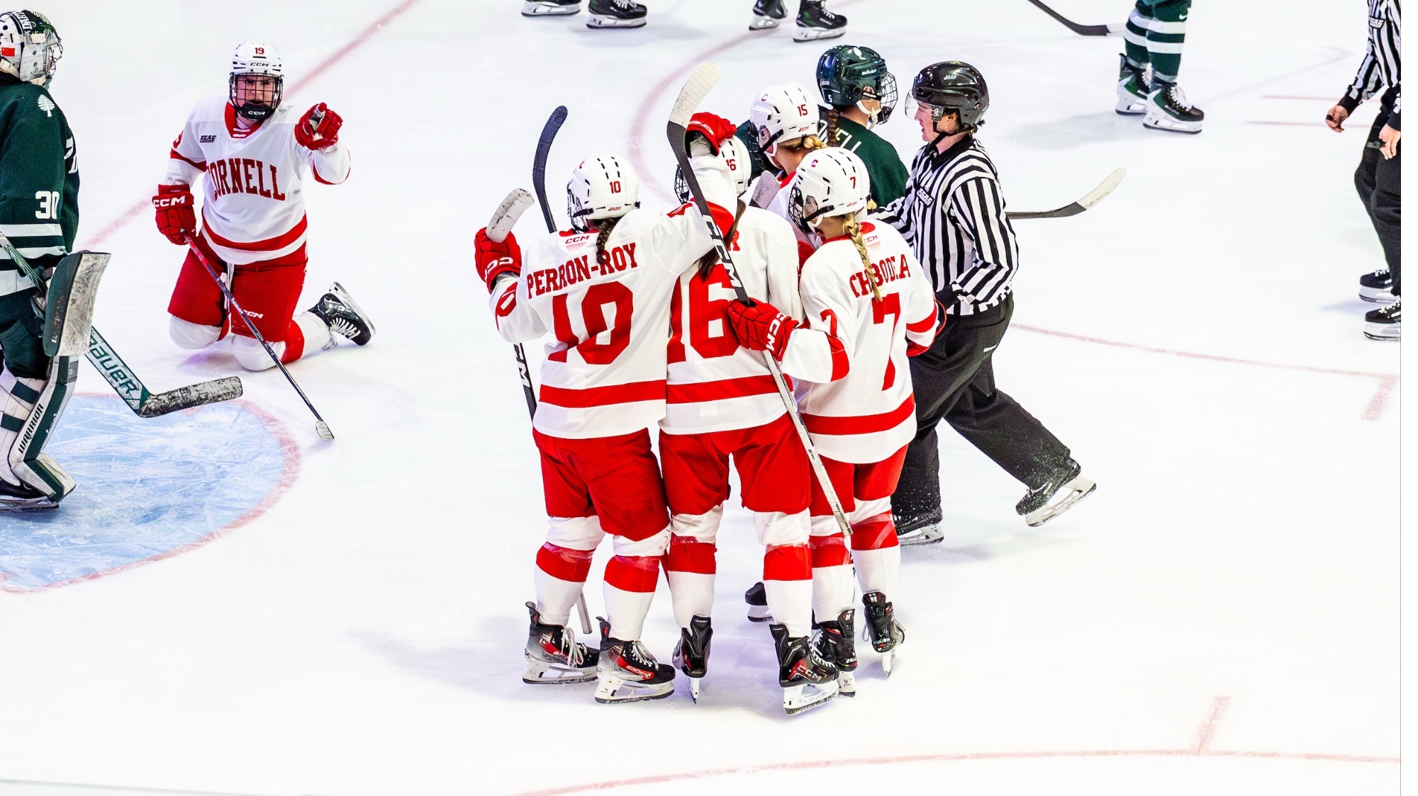 Cornell women's ice hockey celebrates a goal against Dartmouth at Lynah Rink.