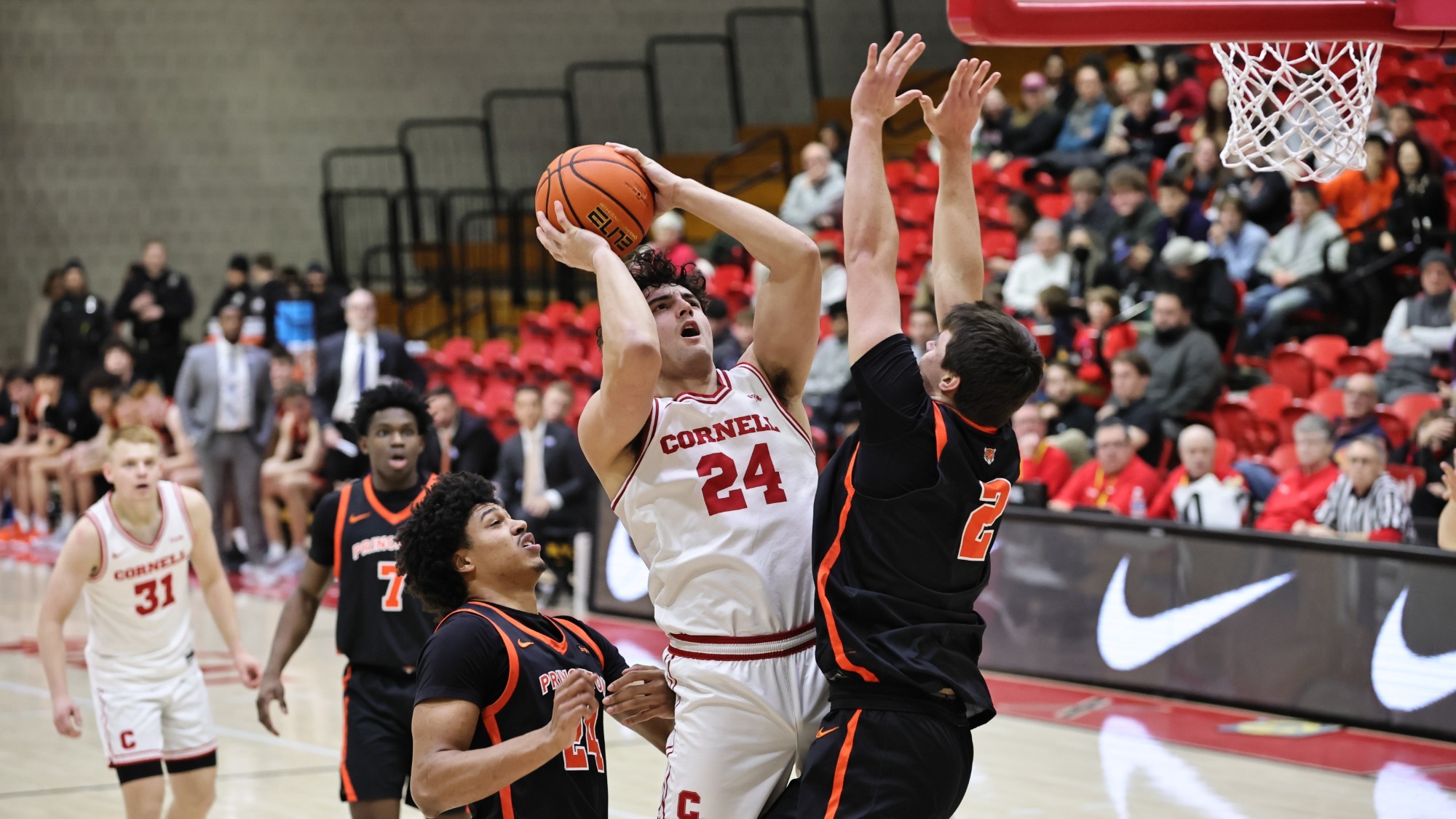 Josh Baldwin drives to the basket for a layup during the Cornell men's basketball team's 87-64 victory over Princeton on Jan. 30, 2026 at Newman Arena in Ithaca, N.Y.