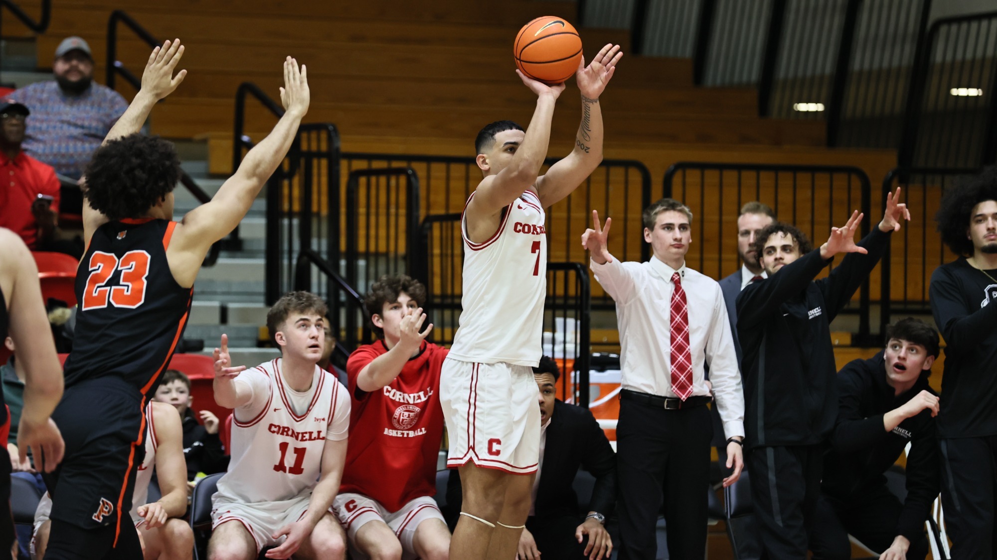 Anthony Nimani takes a corner 3-pointer against Princeton on Jan. 30, 2026 at Newman Arena.