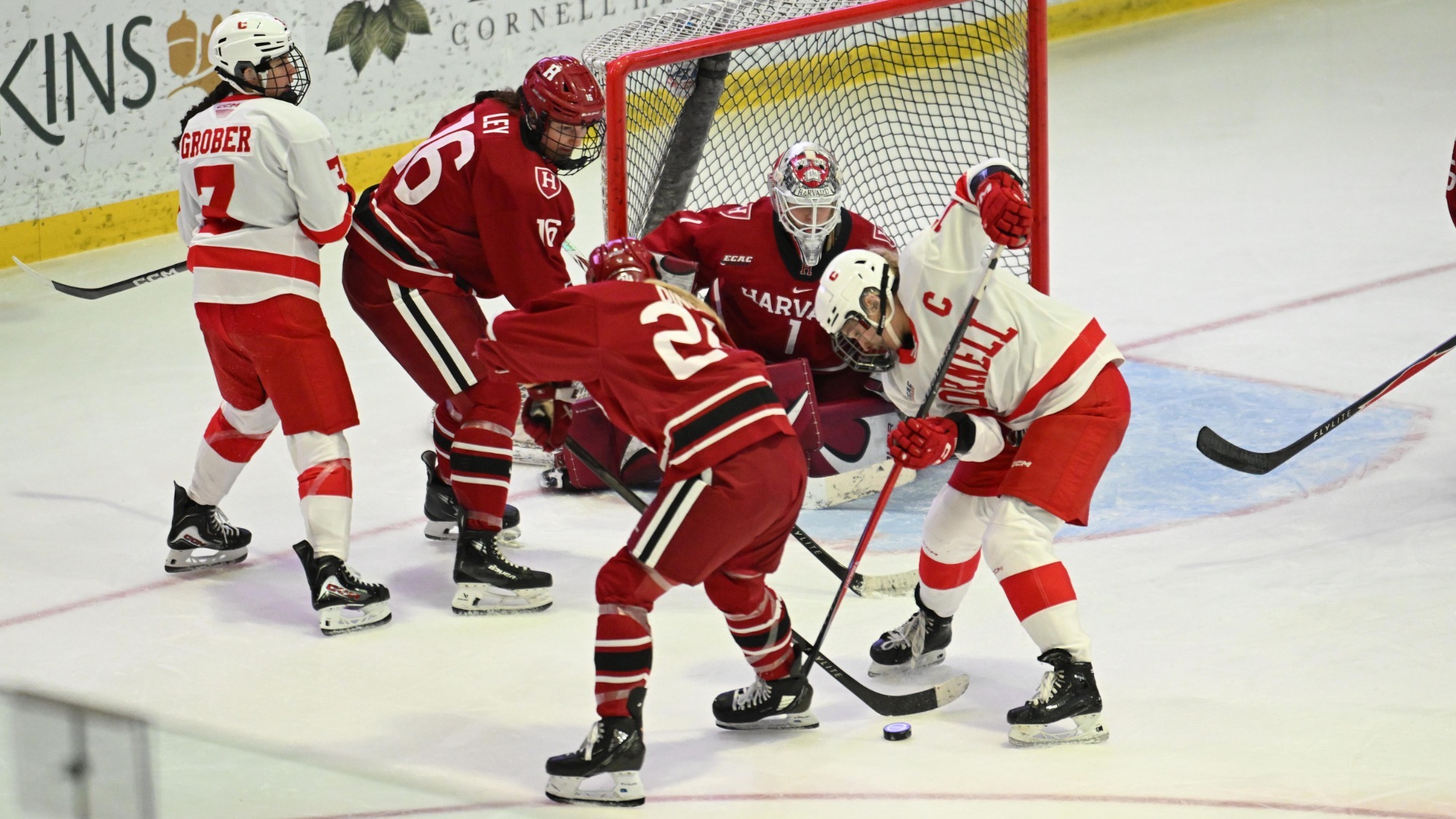 Cornell women's ice hockey battles for the puck against Harvard.