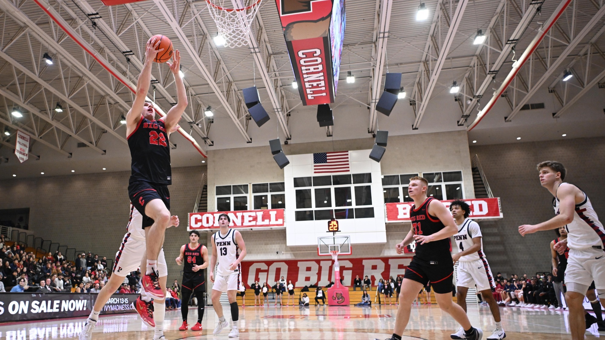 Jake Fiegen drives in for a layup during the Cornell men's basketball team's contest with Penn on Jan. 31, 2026 at Newman Arena in Ithaca, N.Y. Penn won 91-81.