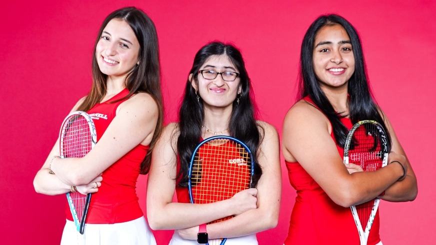 Devon Shatzman, Alysa Ali and Aishwarya Khubchandani pose for a media day photo before the 2025-26 season.