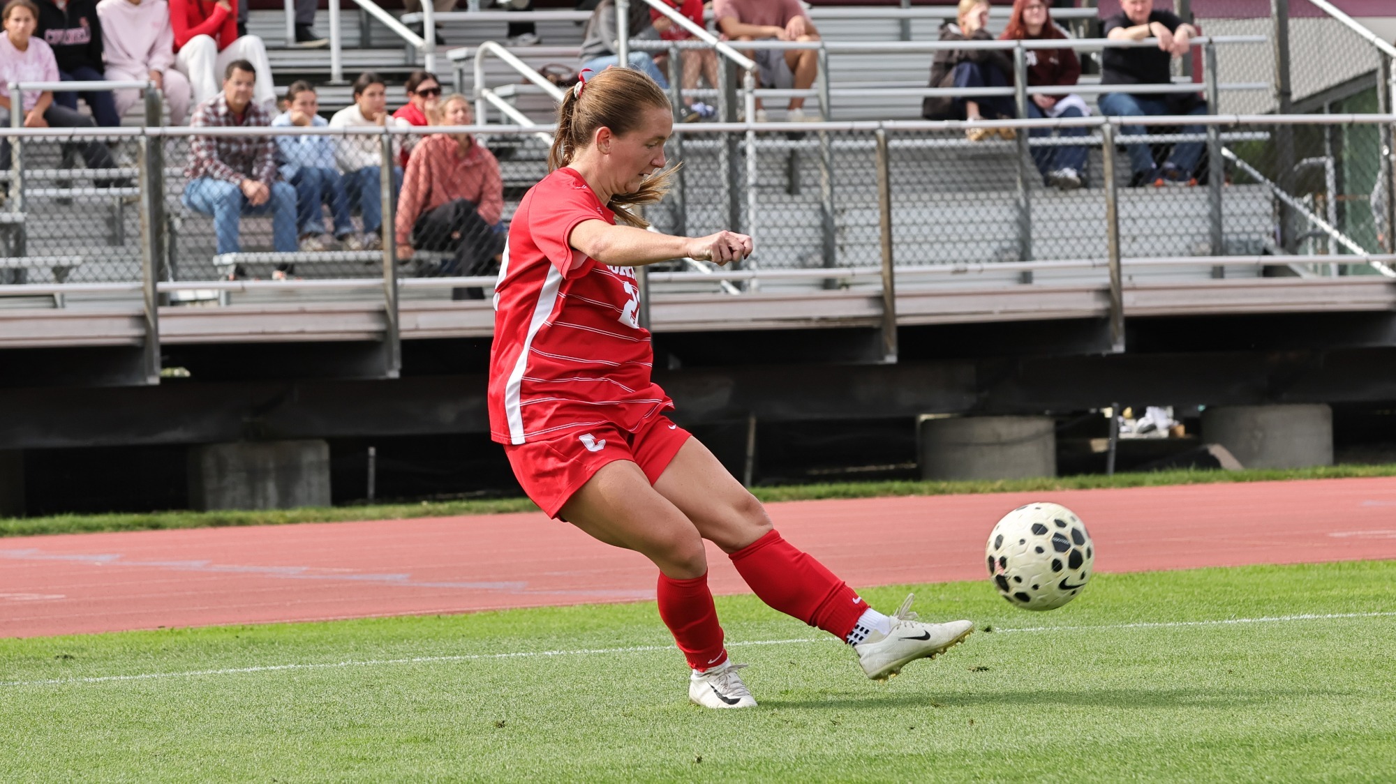 Cornell women's soccer junior midfielder Ella Koschineg takes a free kick during match action against Yale at Berman Field in Ithaca, N.Y., on Sept. 26, 2026.