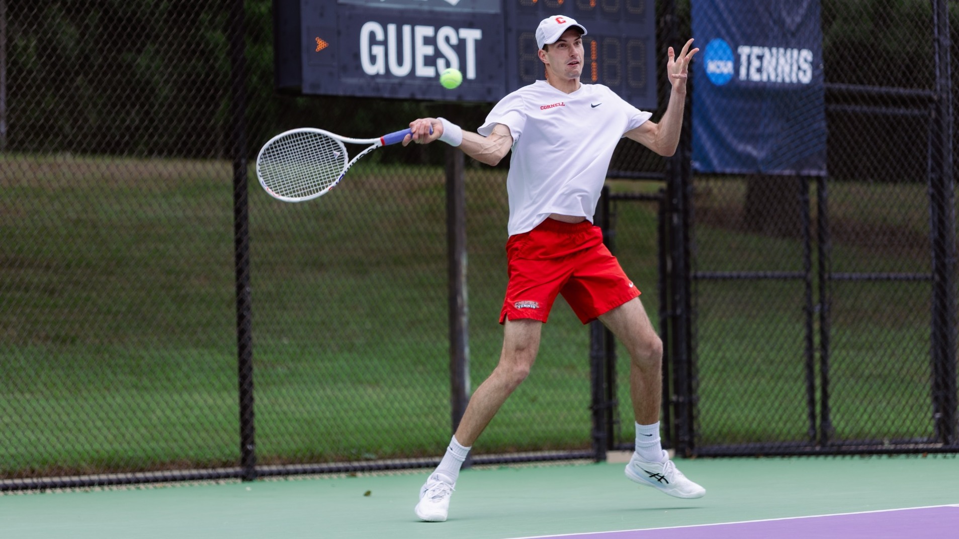 Cornell men's tennis junior Eric Verdes goes to hit a tennis ball during match action against Arkansas in the 2026 NCAA Tournament in Fort Worth, Texas, on May 1, 2026.
