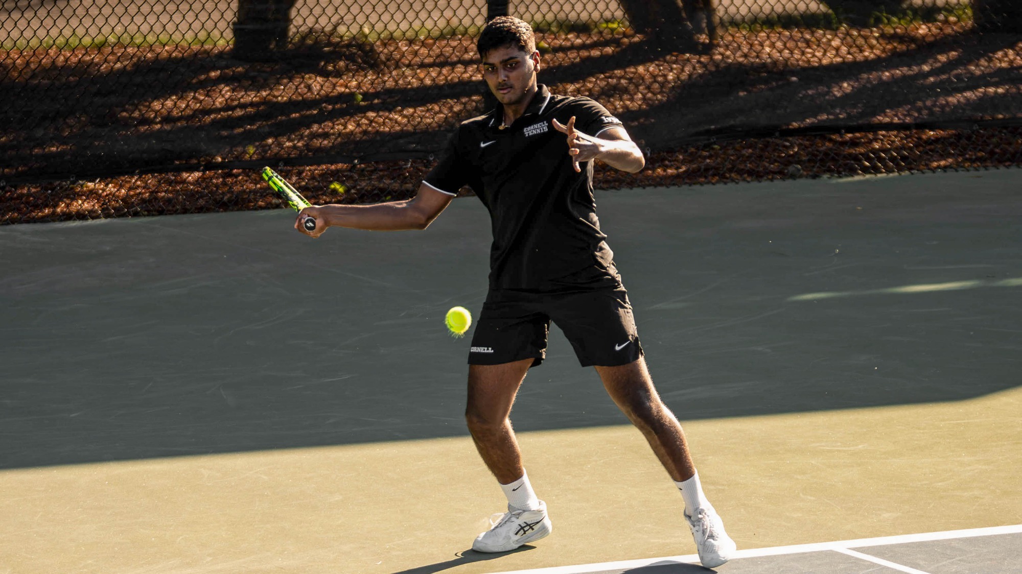 Cornell men's tennis sophomore Rethin Pranav Senthil Kumar returns a shot during the doubles final at the 2026 ITA New England Regional in Cambridge, Mass., at Harvard University on Oct. 12, 2026.