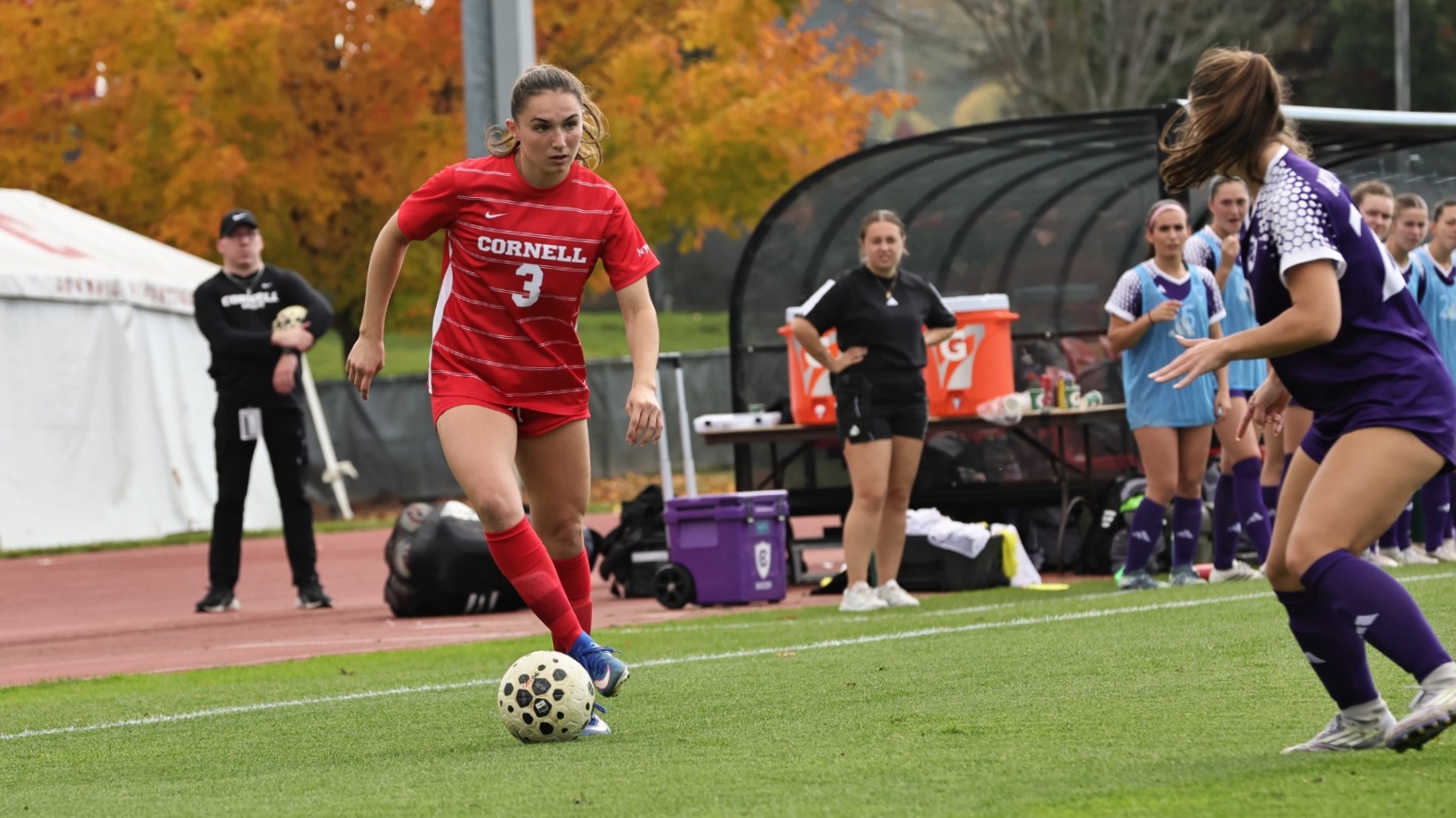 Cornell women's soccer sophomore forward Jessica Alessi looks to make a move around a Holy Cross defender during match action at Berman Field in Ithaca, N.Y., on Oct. 13, 2026.
