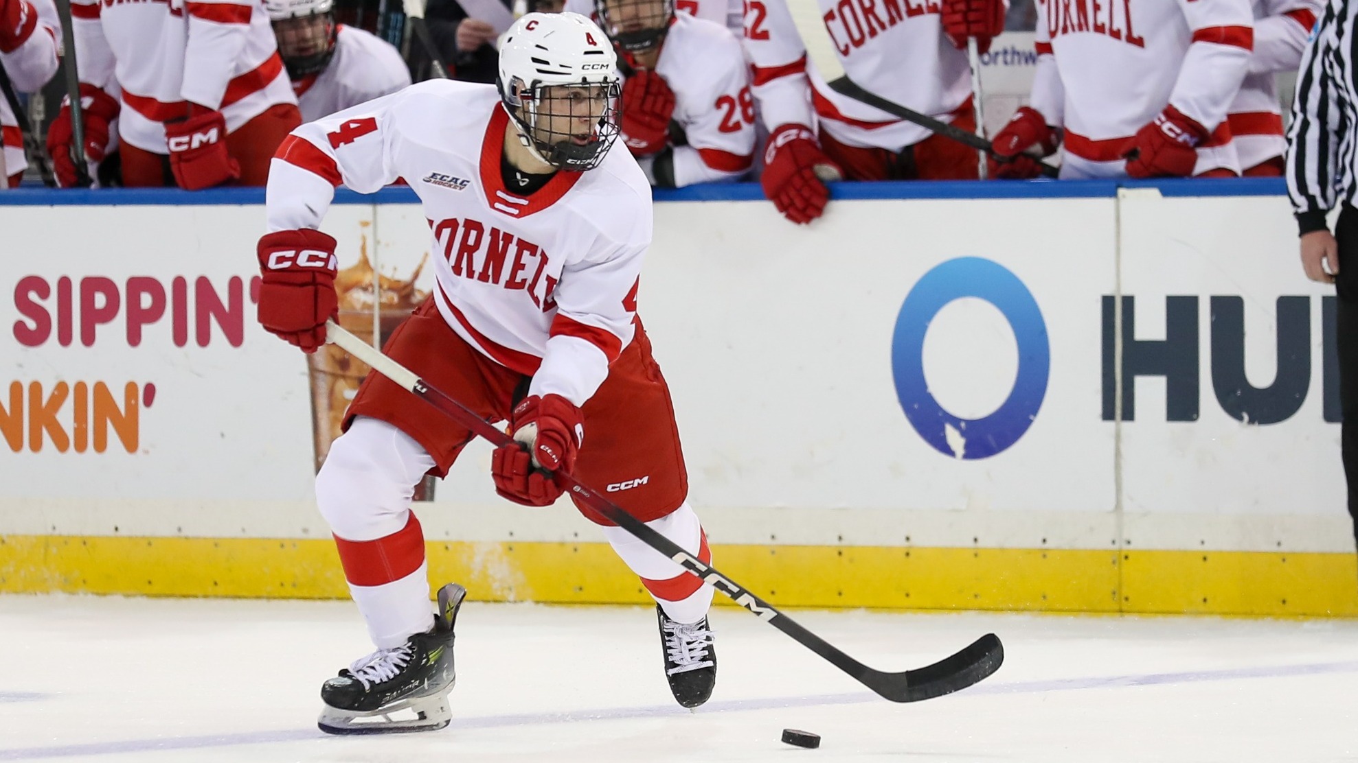 Cornell men's hockey freshman defenseman Xavier Veilleux carries the puck along the blue line against Boston University at Madison Square Garden in New York City on Nov. 29, 2025.