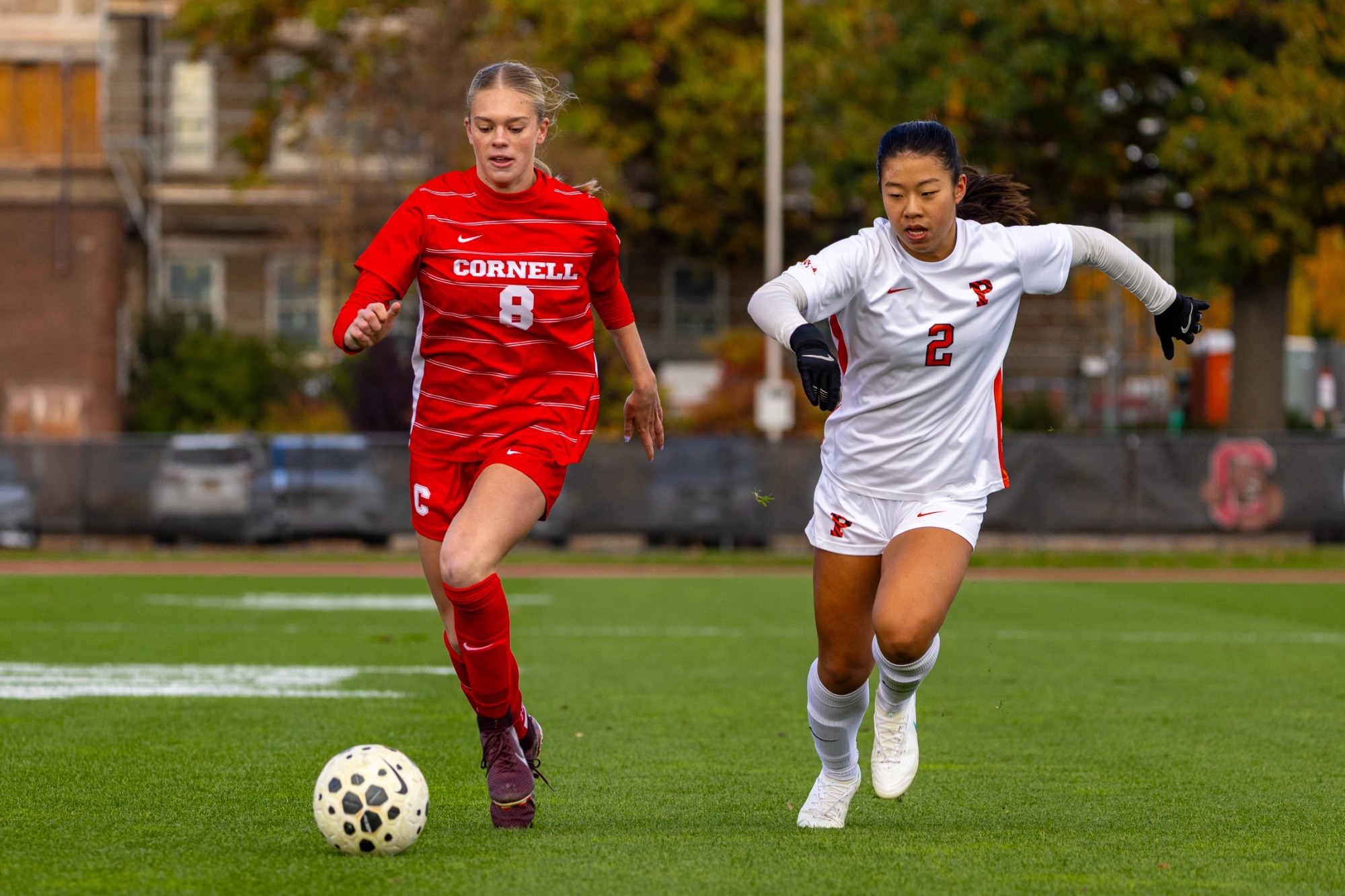 Cornell women's soccer junior defender Amanda Polyniak battles with a Princeton player for possession of the ball during match action at Berman Field in Ithaca, N.Y., on Oct. 17, 2026. 