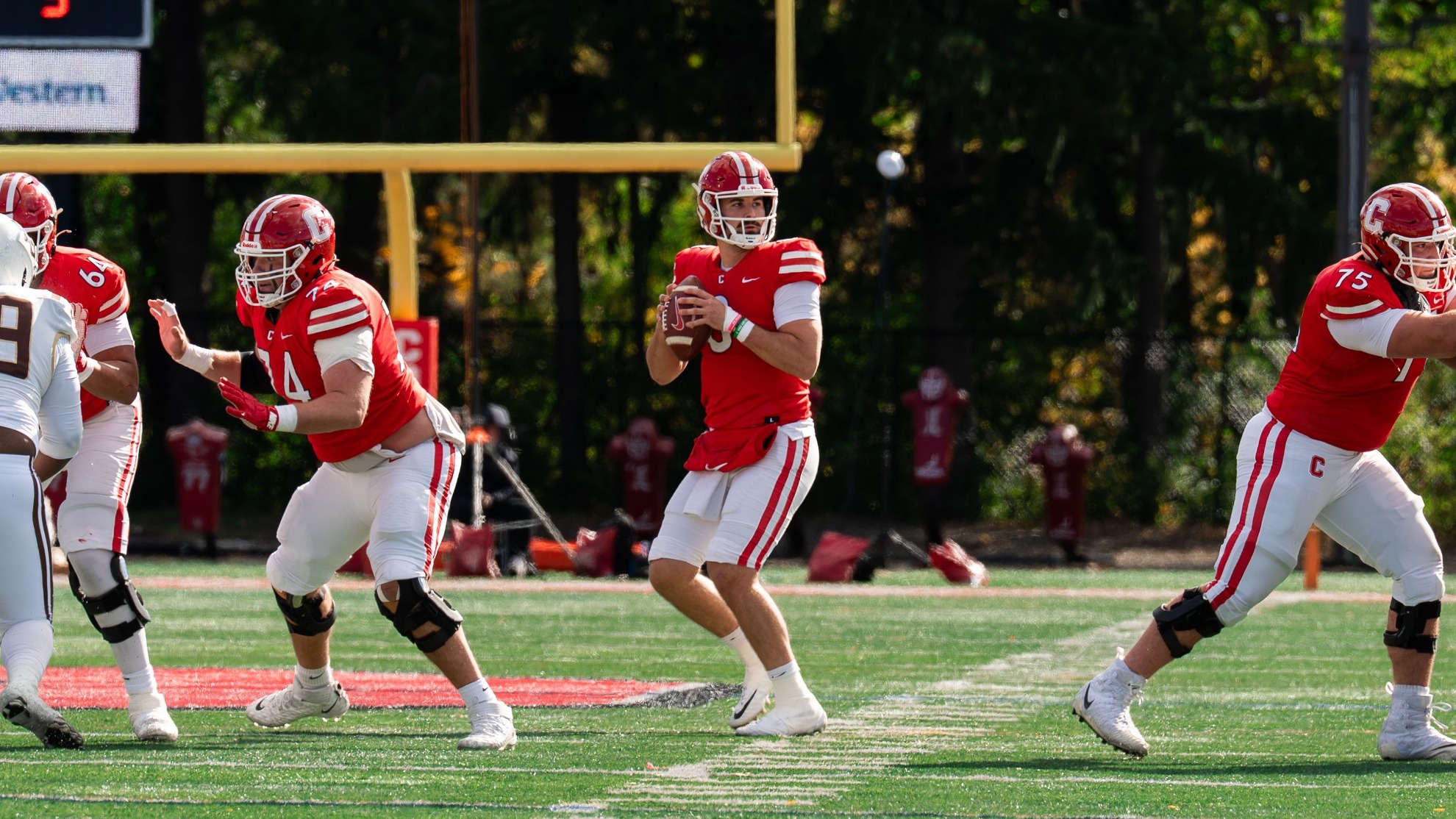 Garrett Bass-Sulpizio looks for the open receiver in cornell's 48-38 win over No. 4 Lehigh on Oct. 17, 2026 at Schoellkopf Field in Ithaca, N.Y.