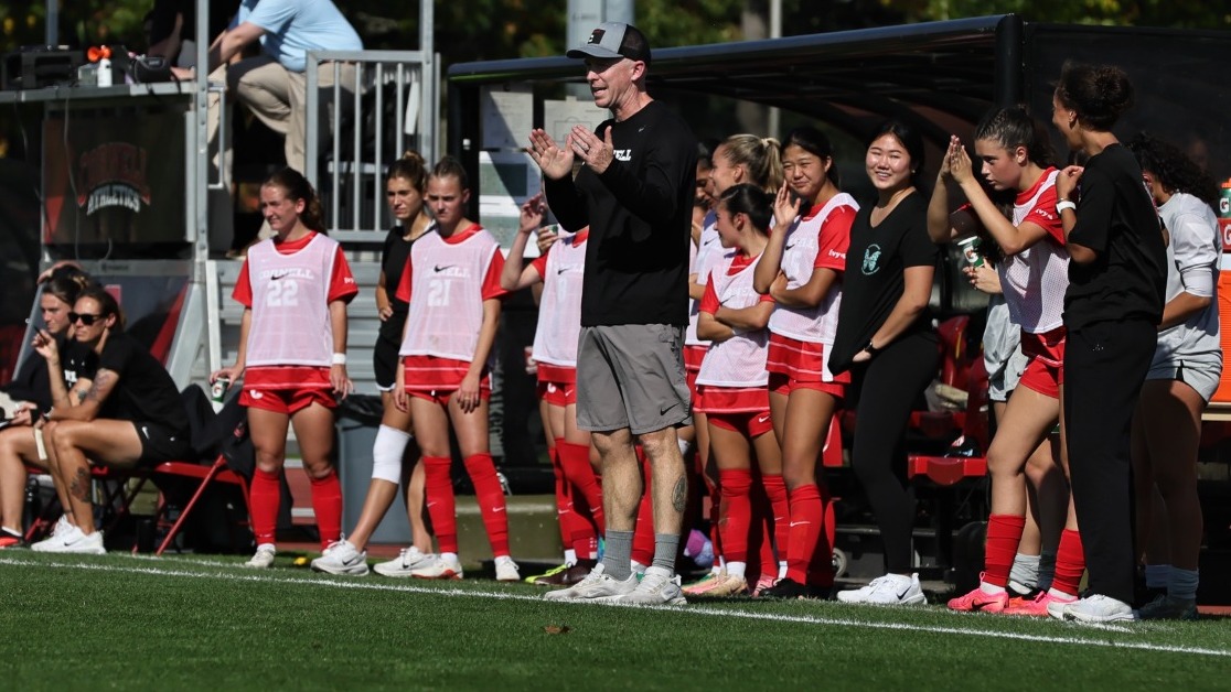 Cornell women's soccer head coach Rob Ferguson directs his team during match action against Holy Cross at Berman Field in Ithaca, N.Y., on Oct. 13, 2026.
