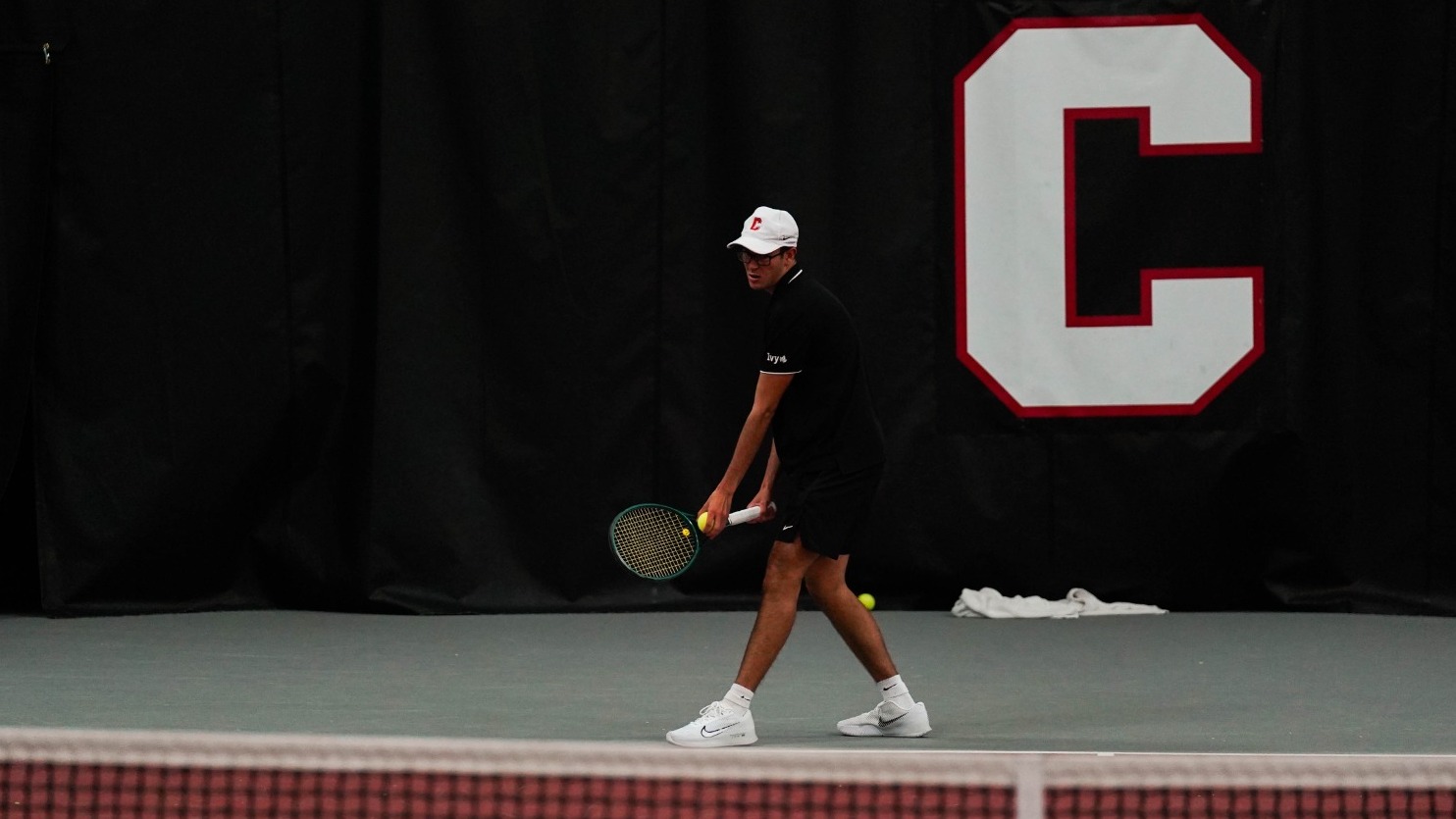 Cornell men's tennis' Felipe Pinzon goes to make a serve against Columbia on April 25, 2026, at the Reis Tennis Center in Ithaca, N.Y.