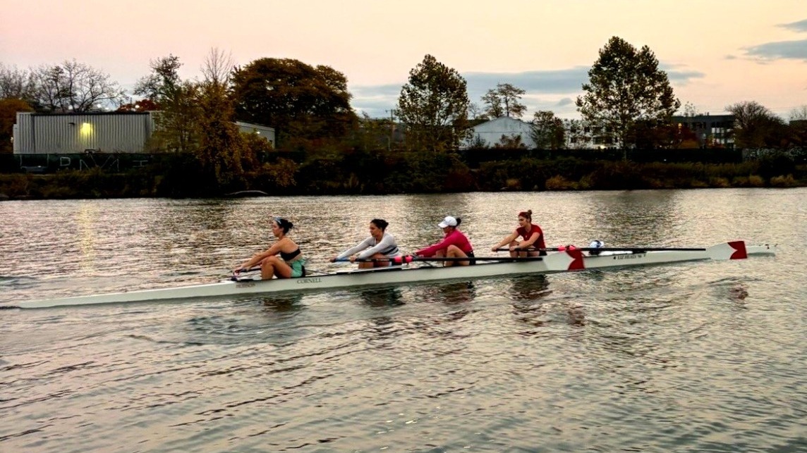 A Cornell women's rowing 4+ practices rowing on Cayuga Inlet during the 2026-27 season.