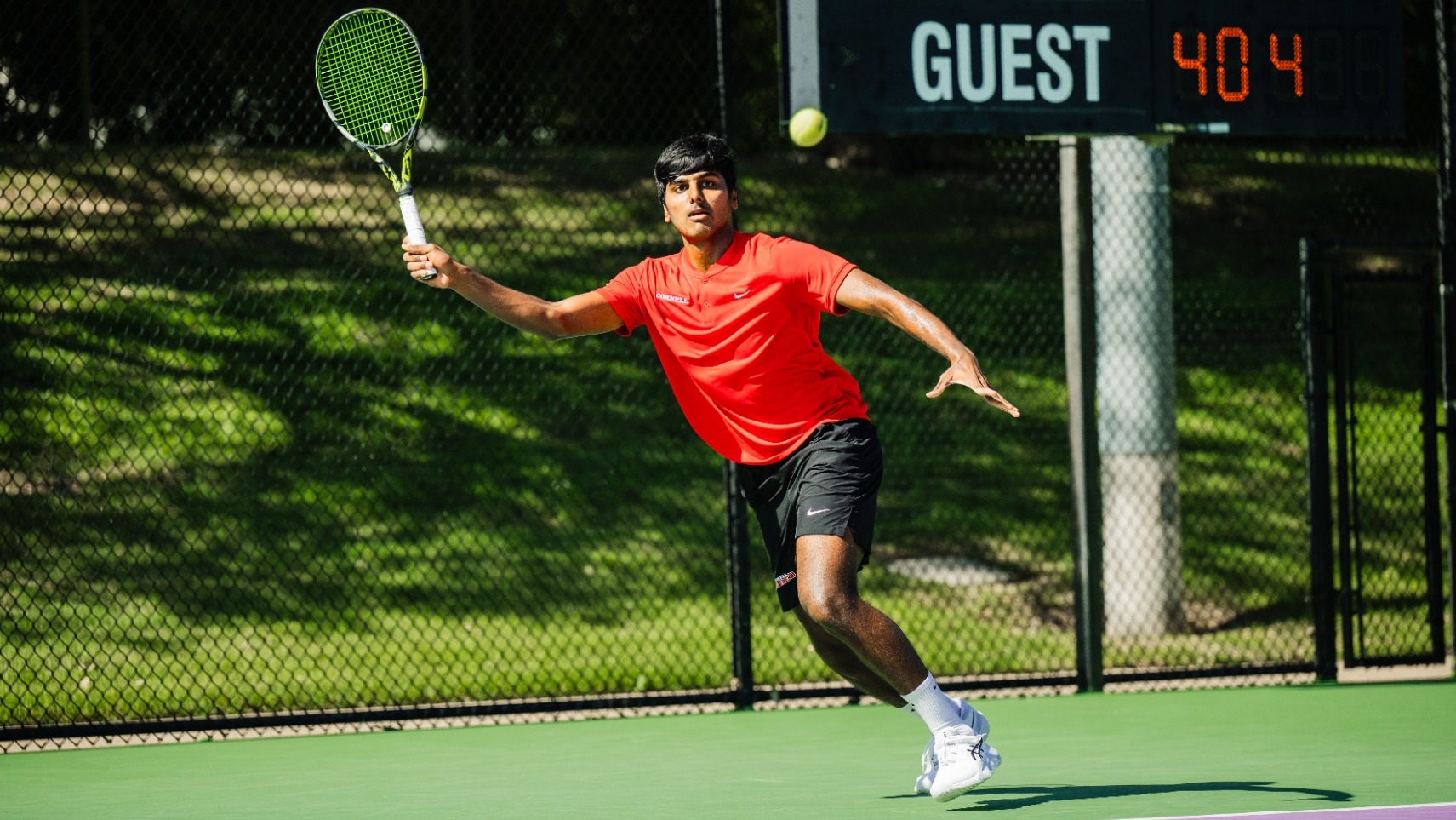 Cornell men's tennis' Rethin Pranav Senthil Kumar goes to hit a return during match action against Arkansas in the 2026 NCAA Tournament in Fort Worth, Texas, on June 1, 2026.