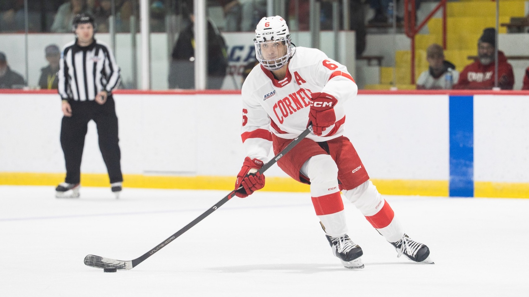 Cornell men's hockey senior defenseman George Fegaras goes to make a pass during game action against Waterloo at Lynah Rink in Ithaca, N.Y., on Oct. 17, 2026.
