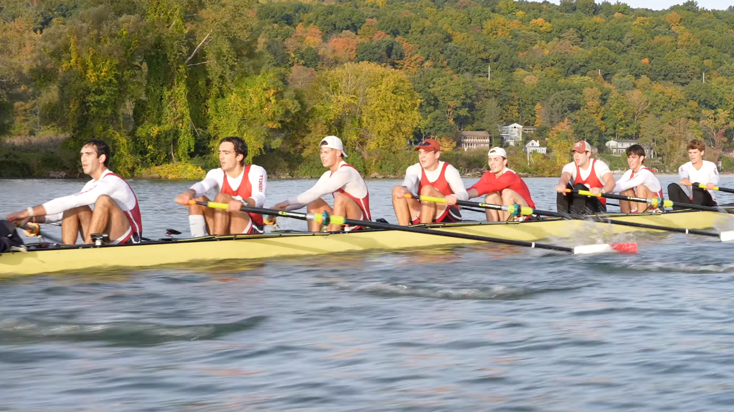 Members of the Cornell men's heavyweight 1V8+ practice during the fall portion of the 2026-27 season.